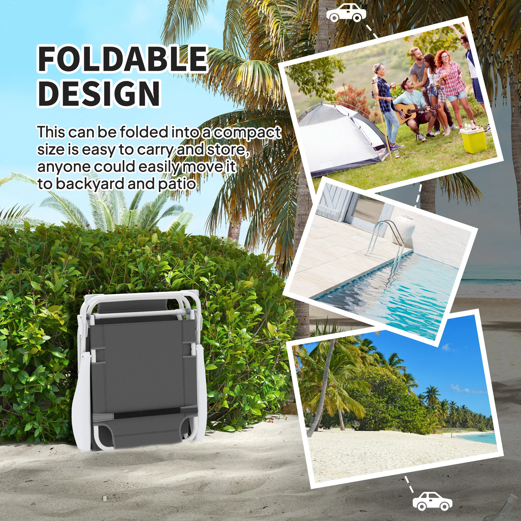 Outsunny Folding Sun Lounger with 4-Level Backrest & Headrest, Charcoal Grey - Image 6