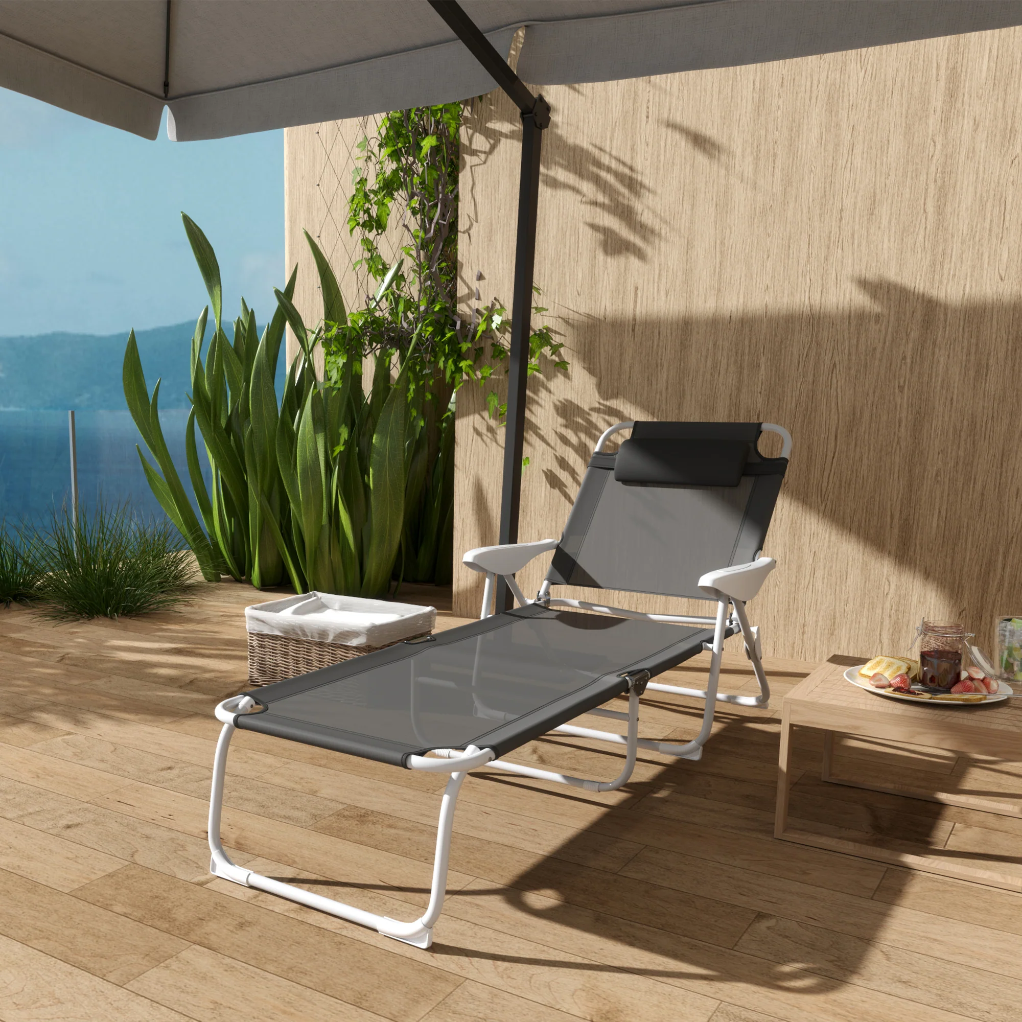 Outsunny Folding Sun Lounger with 4-Level Backrest & Headrest, Charcoal Grey - Image 8