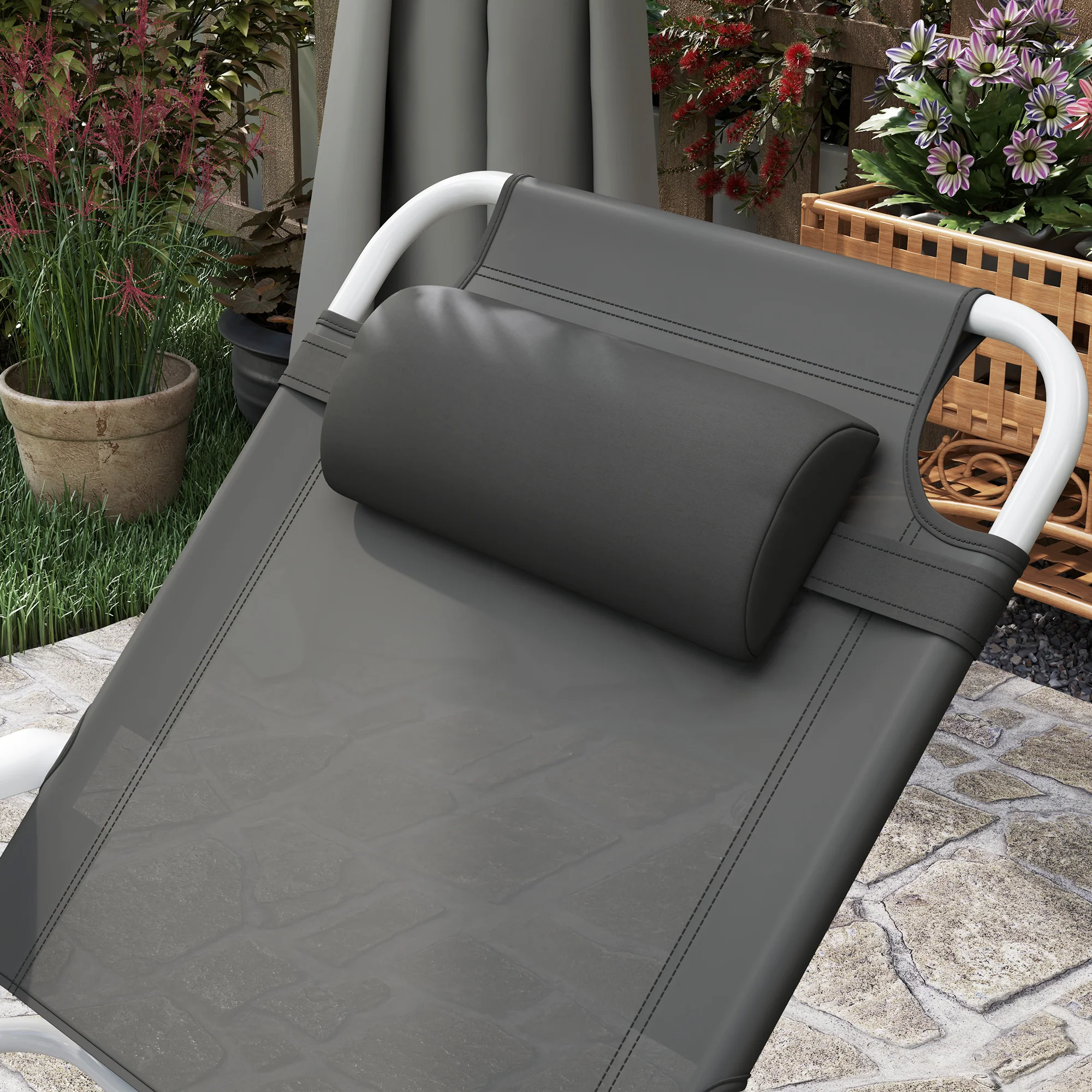 Outsunny Folding Sun Lounger with 4-Level Backrest & Headrest, Charcoal Grey - Image 9