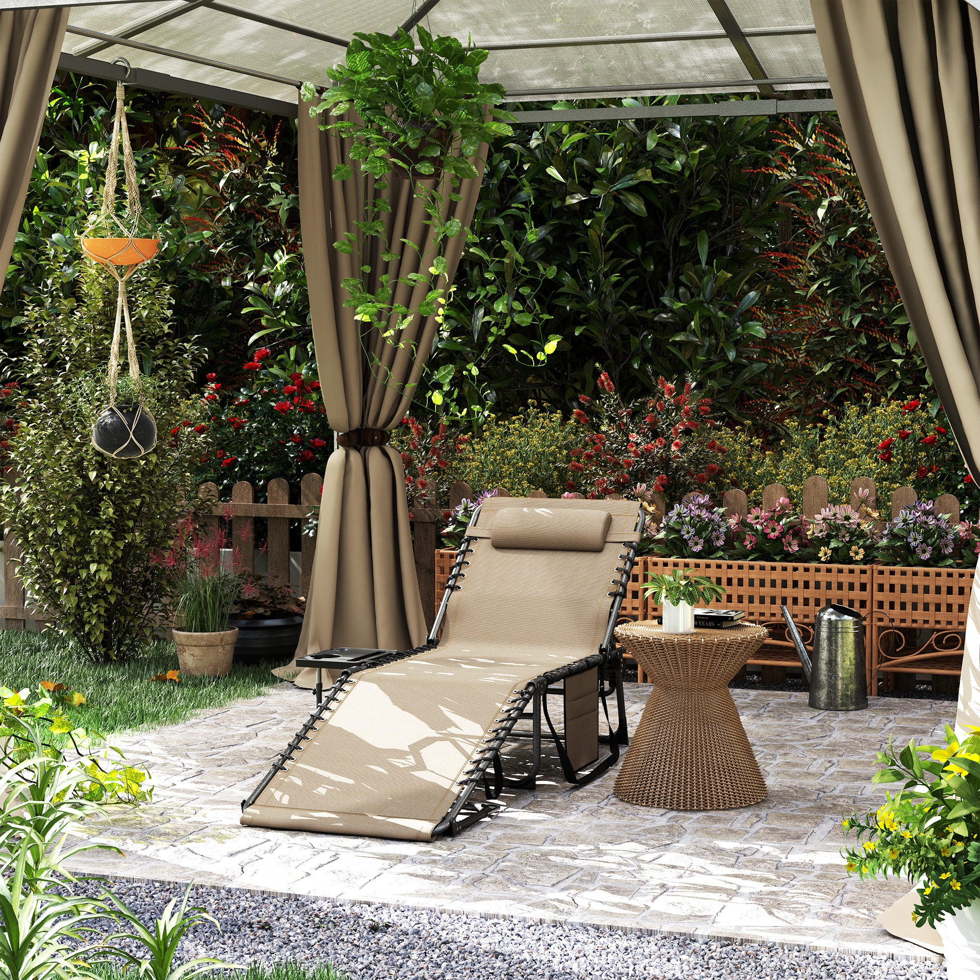Outsunny Folding Sun Lounger with 5-Level Reclining Back, Side Table - Image 2