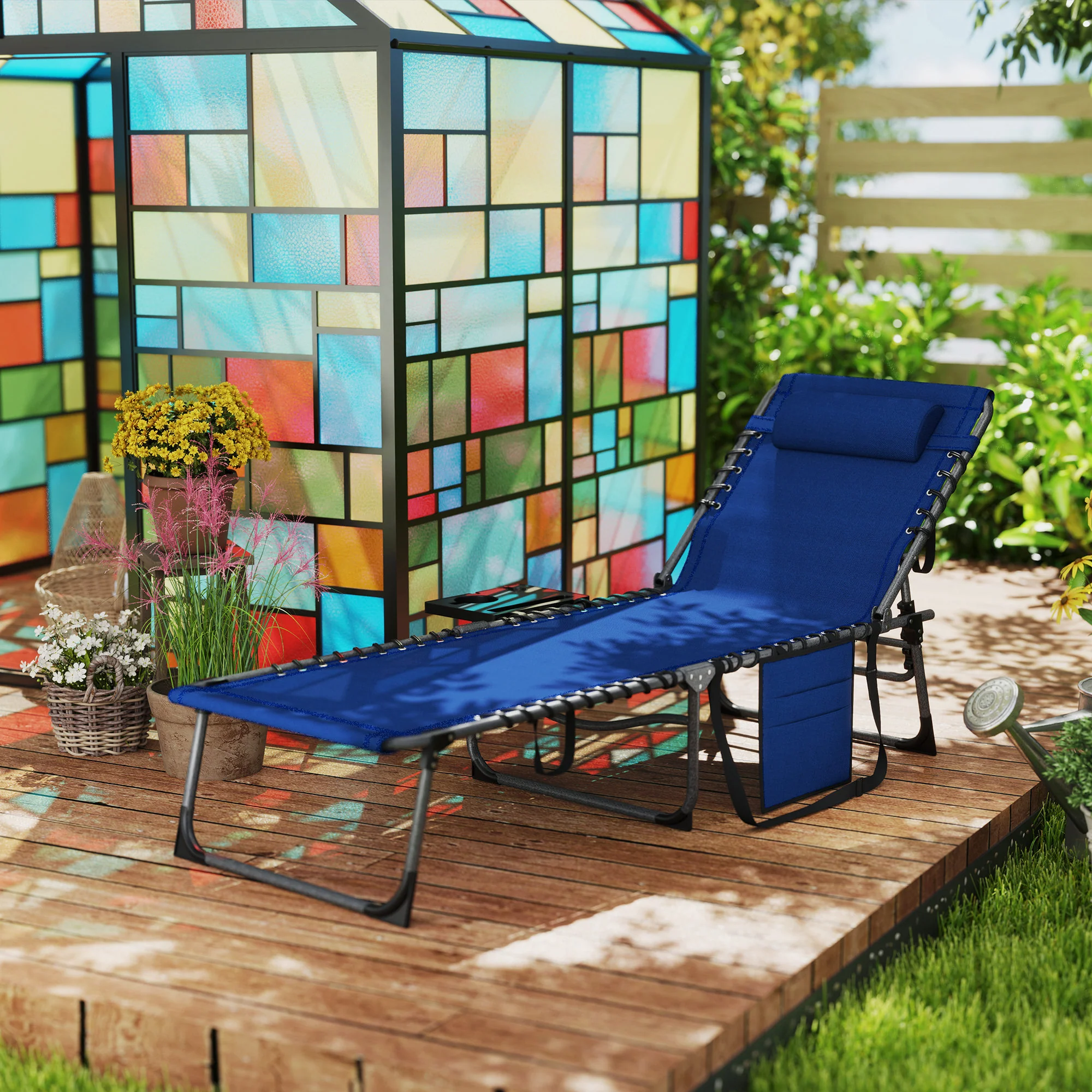 Outsunny Folding Sun Lounger with 5-Level Reclining Back, Side Table - Image 29