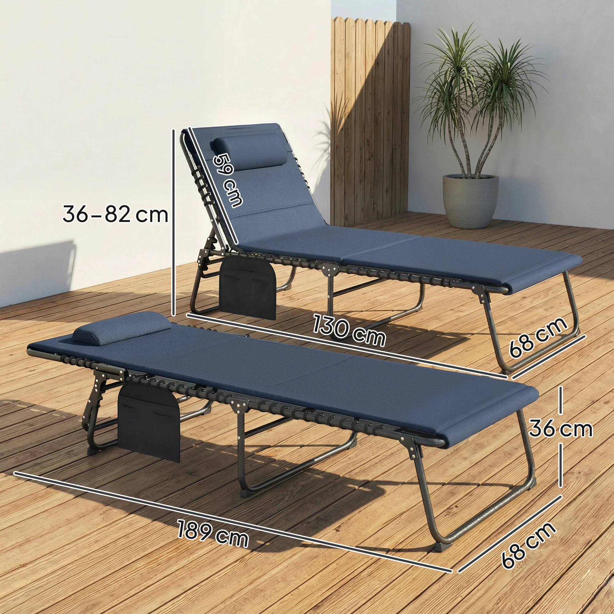 Outsunny Folding Sun Loungers Set of 2, Reclining Sun Bed, Dark Blue - Image 3