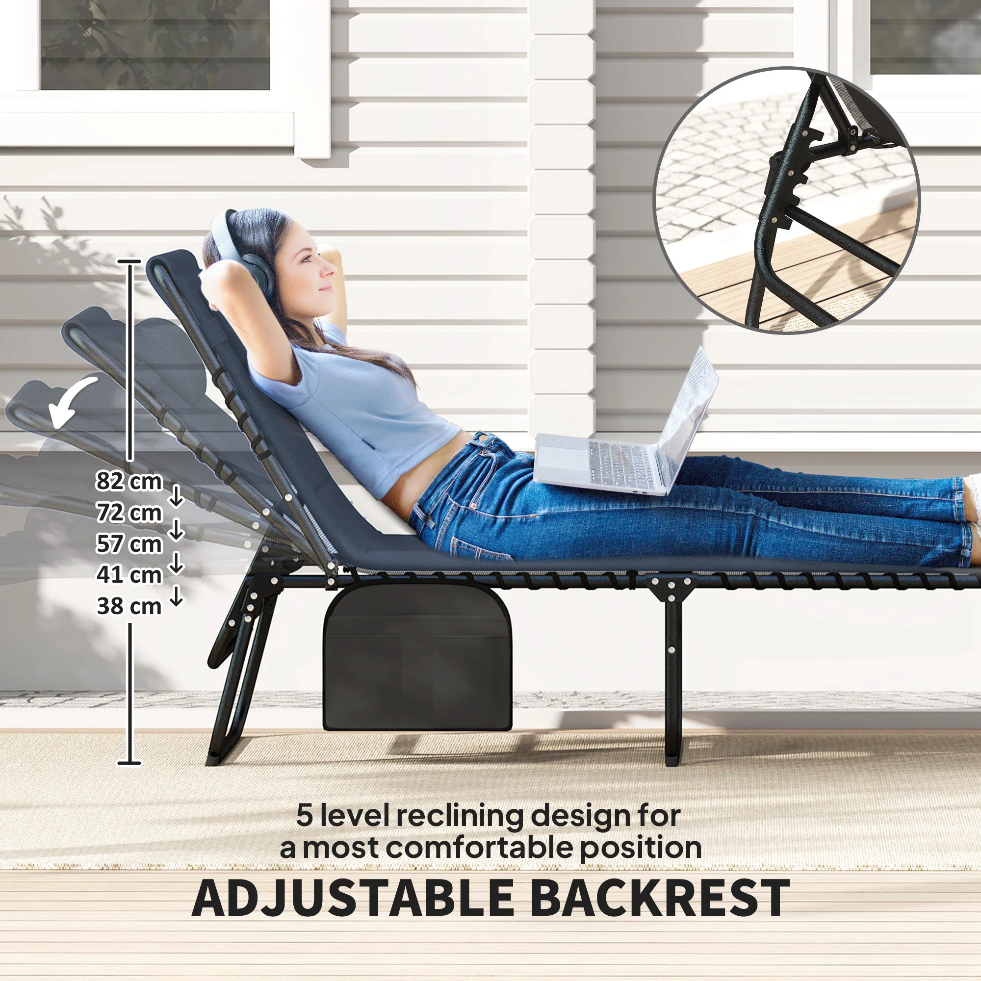 Outsunny Folding Sun Loungers Set of 2, Reclining Sun Bed, Dark Blue - Image 4