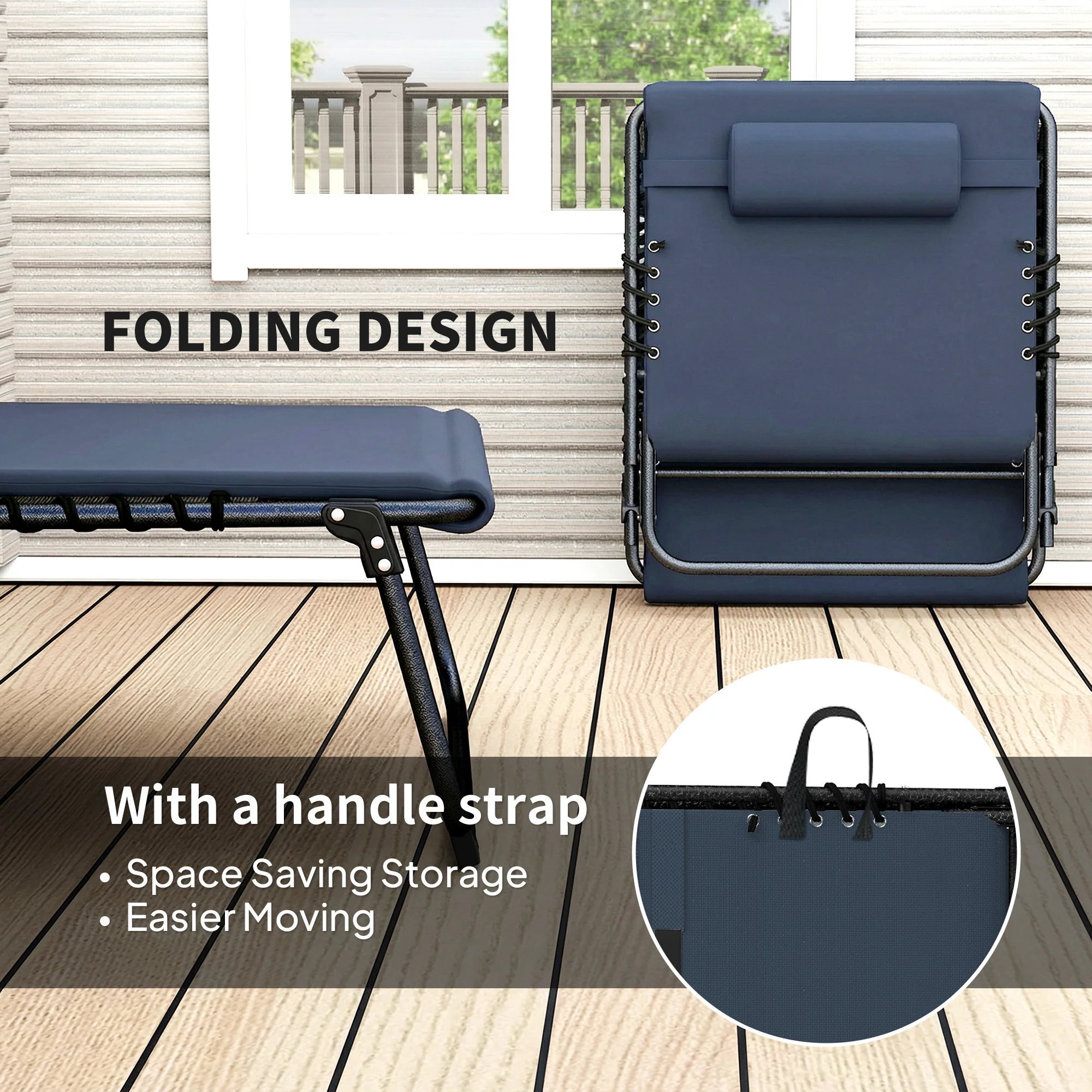 Outsunny Folding Sun Loungers Set of 2, Reclining Sun Bed, Dark Blue - Image 5