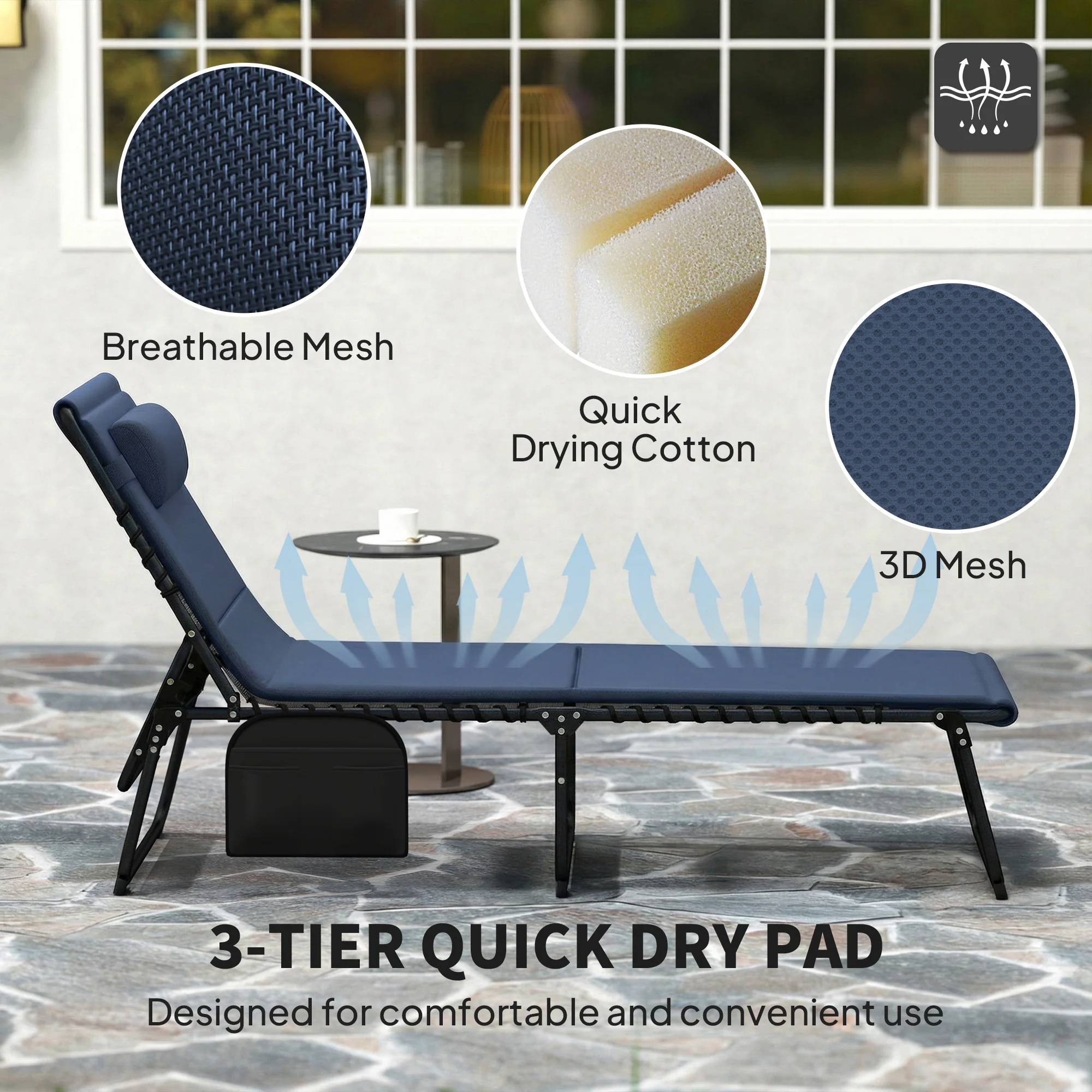 Outsunny Folding Sun Loungers Set of 2, Reclining Sun Bed, Dark Blue - Image 6