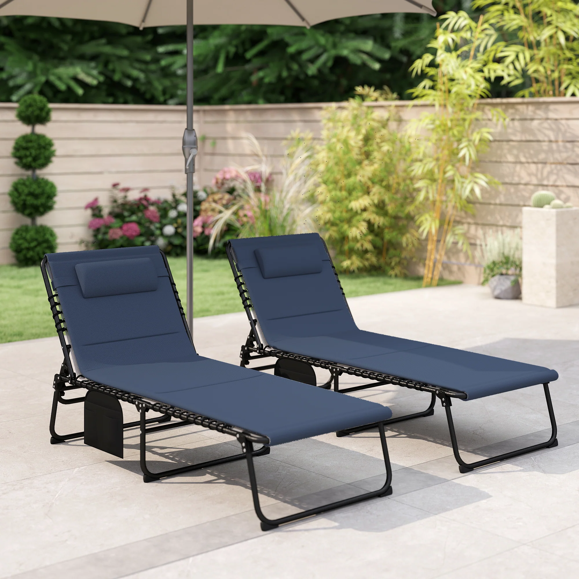 Outsunny Folding Sun Loungers Set of 2, Reclining Sun Bed, Dark Blue - Image 9