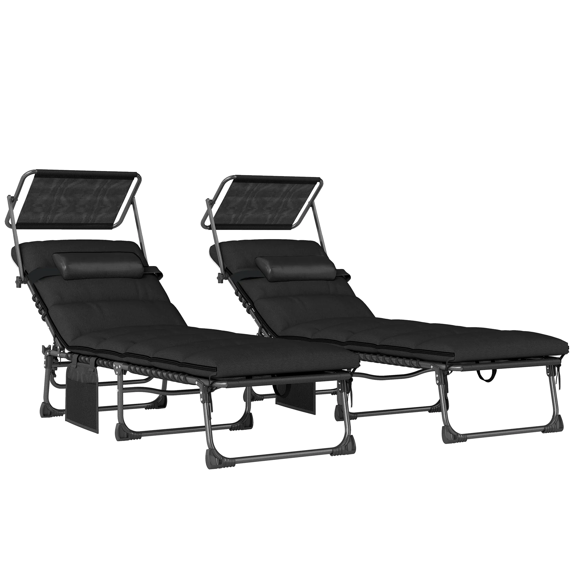 Outsunny Folding Sun Loungers Set Of 2, Sun Bed With Canopy, Black