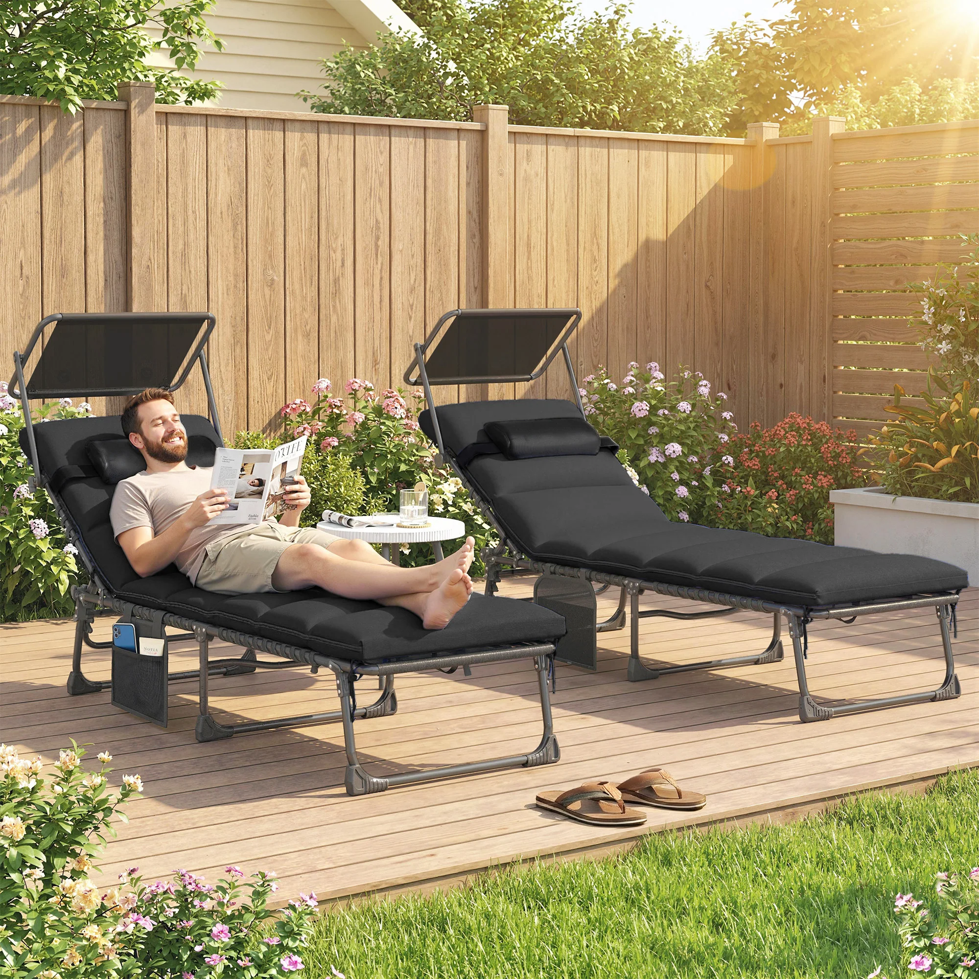 Outsunny Folding Sun Loungers Set Of 2, Sun Bed With Canopy, Black - Image 2