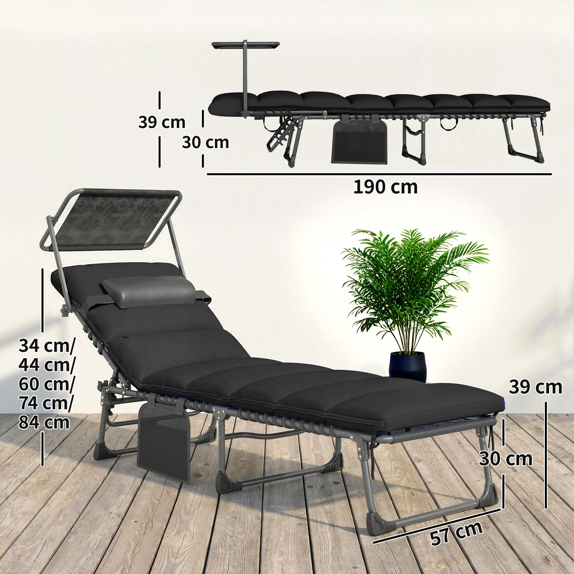 Outsunny Folding Sun Loungers Set Of 2, Sun Bed With Canopy, Black - Image 3