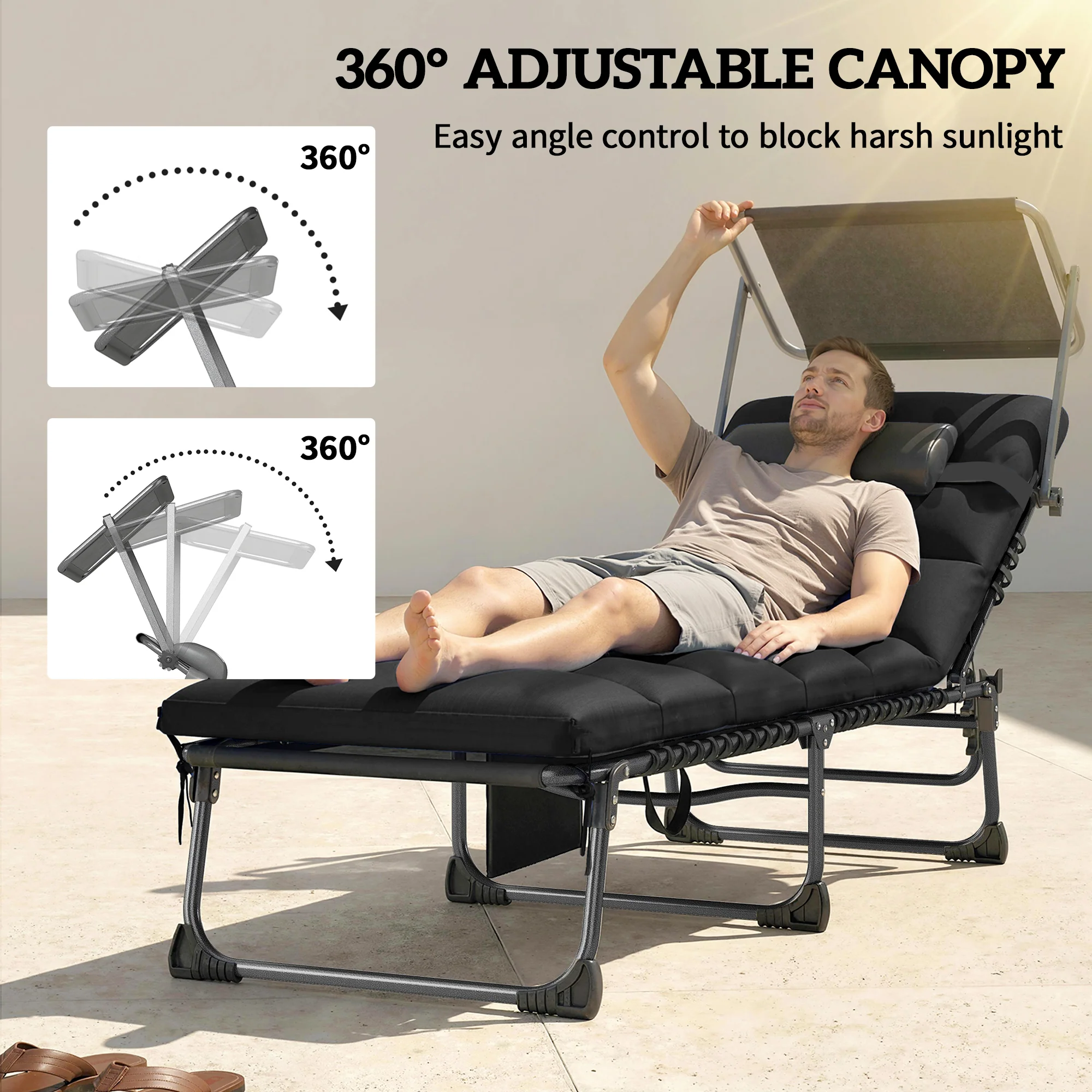 Outsunny Folding Sun Loungers Set Of 2, Sun Bed With Canopy, Black - Image 4