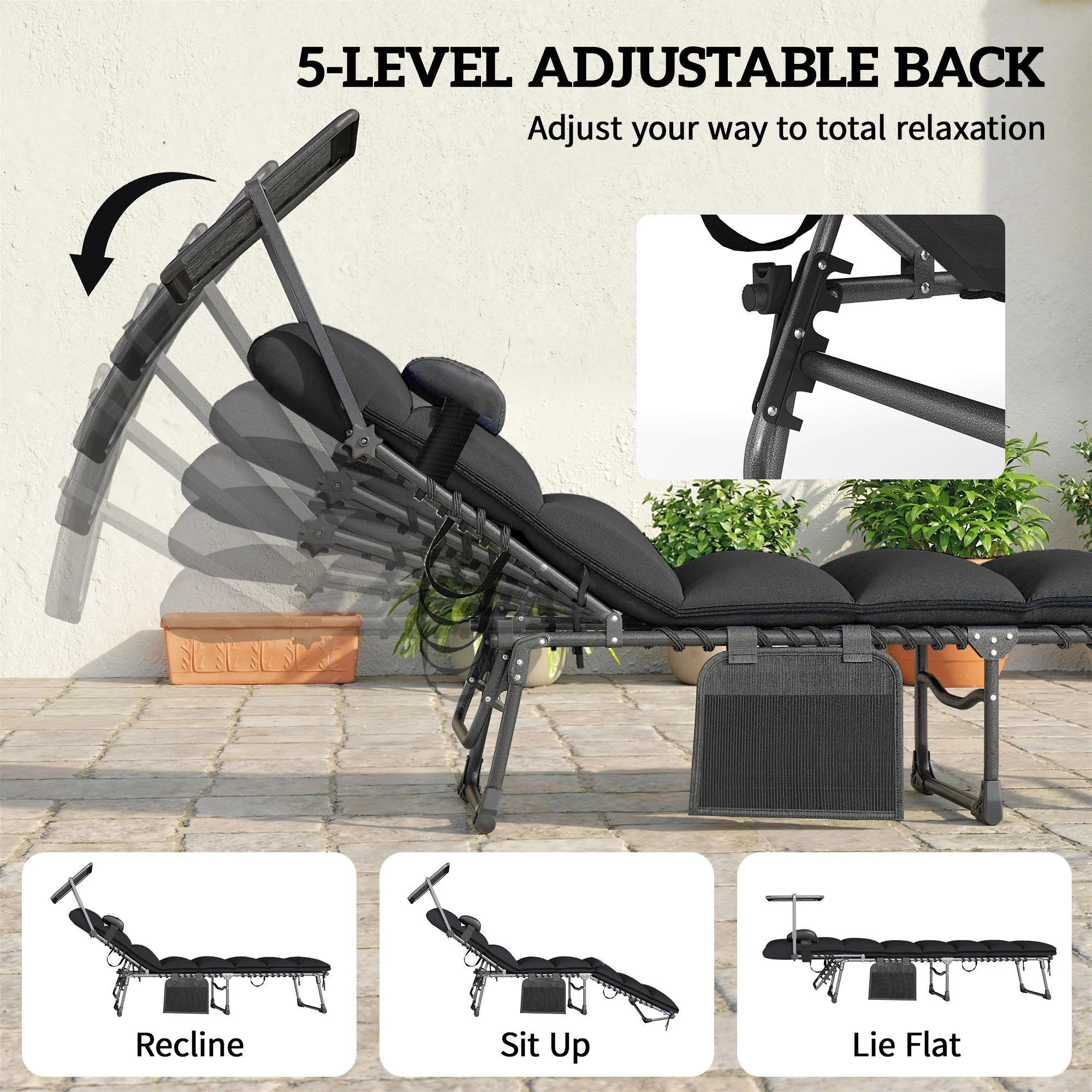 Outsunny Folding Sun Loungers Set Of 2, Sun Bed With Canopy, Black - Image 5