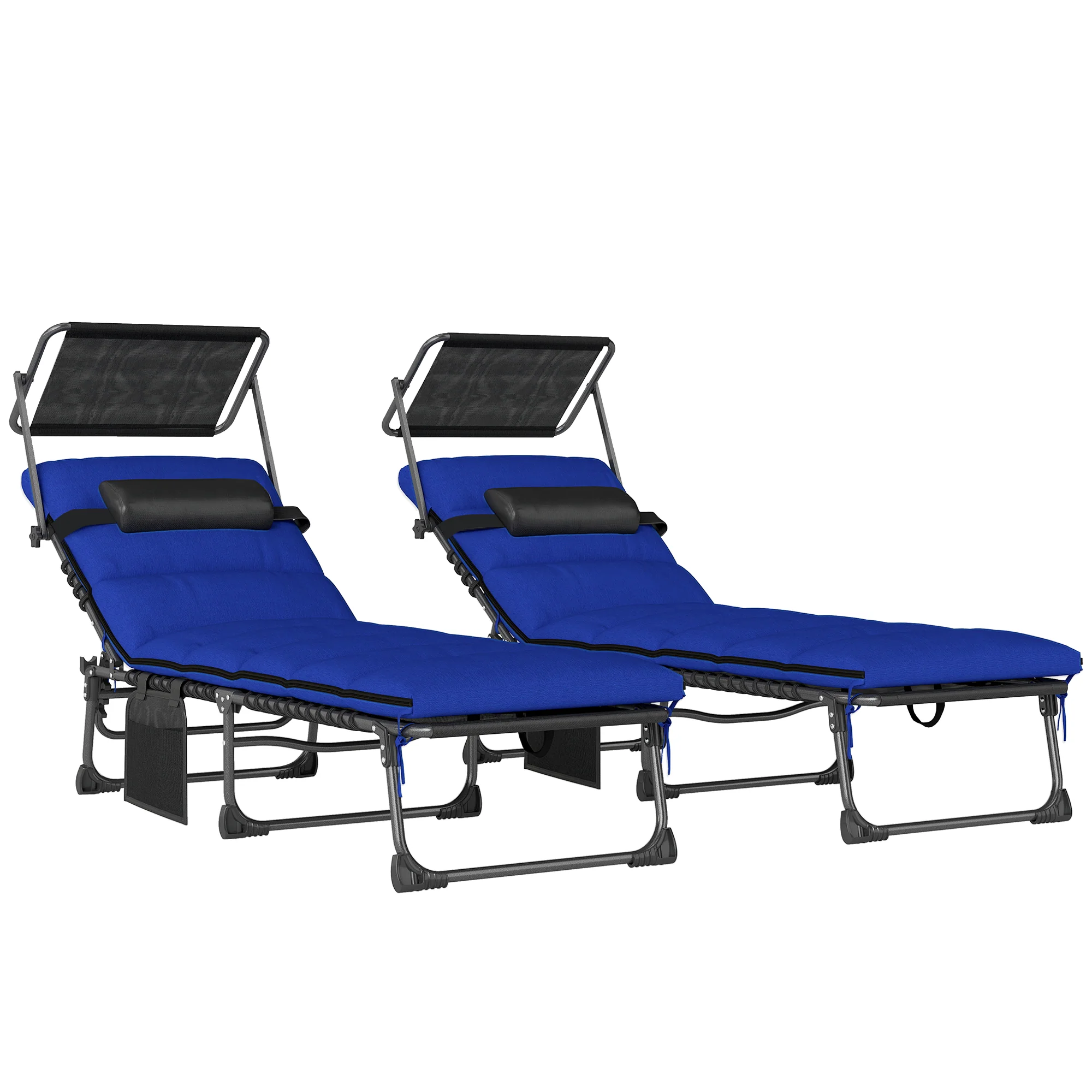 Outsunny Folding Sun Loungers Set Of 2, Sun Bed With Canopy, Dark Blue
