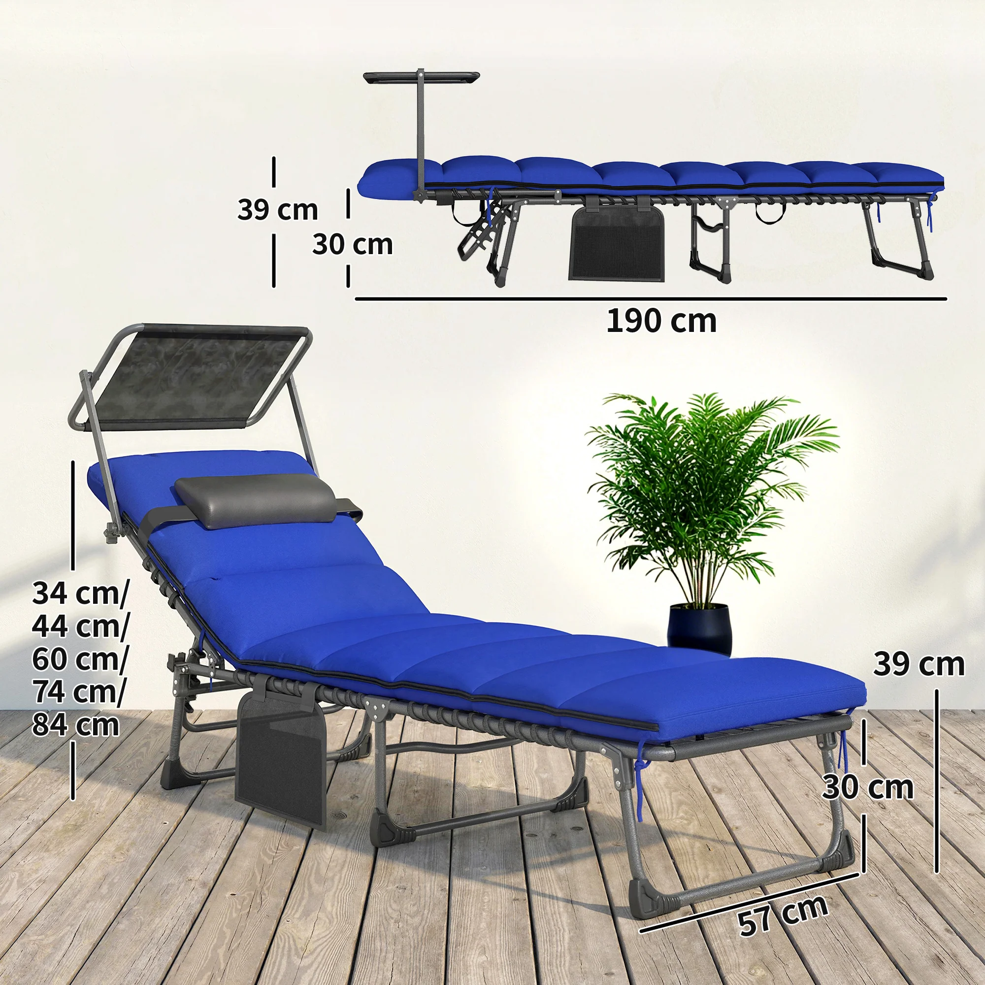 Outsunny Folding Sun Loungers Set Of 2, Sun Bed With Canopy, Dark Blue - Image 3