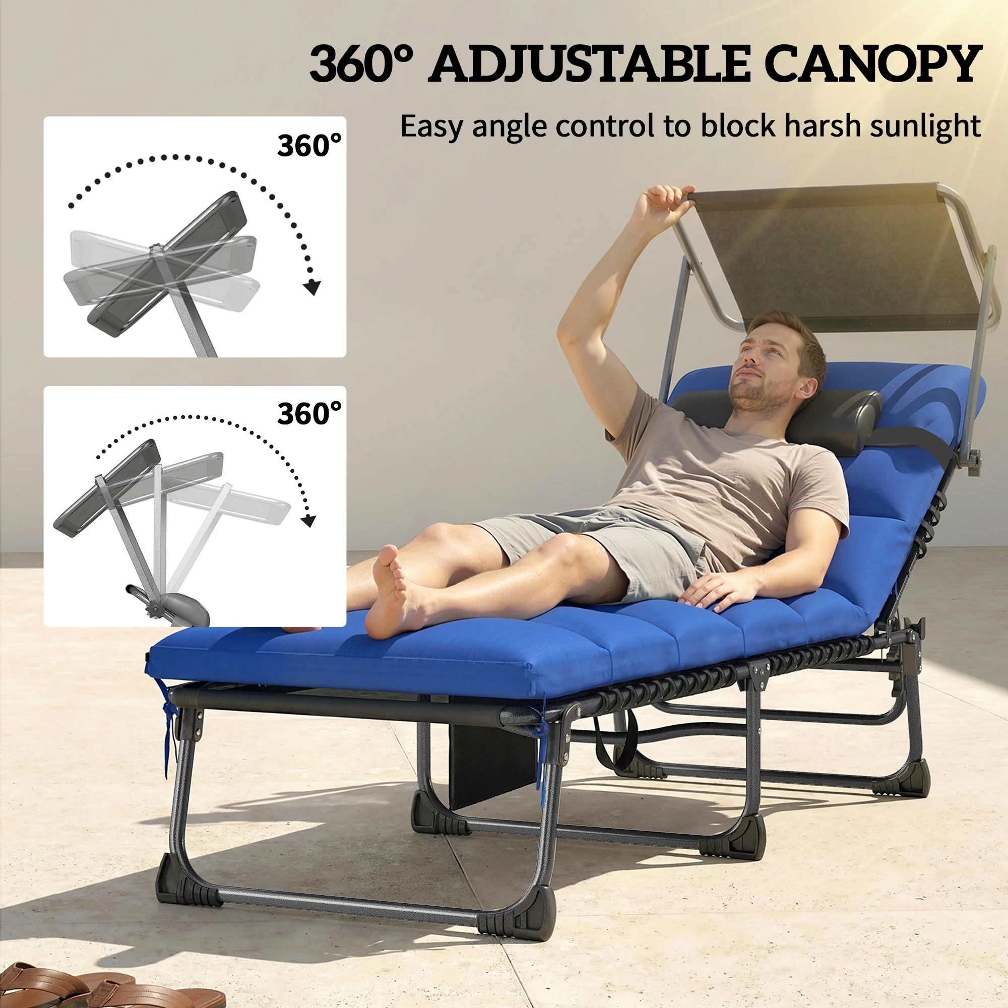 Outsunny Folding Sun Loungers Set Of 2, Sun Bed With Canopy, Dark Blue - Image 4