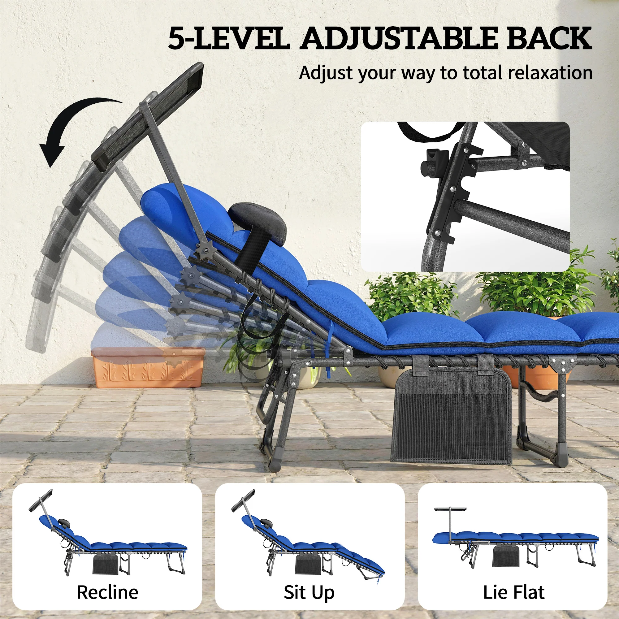 Outsunny Folding Sun Loungers Set Of 2, Sun Bed With Canopy, Dark Blue - Image 5