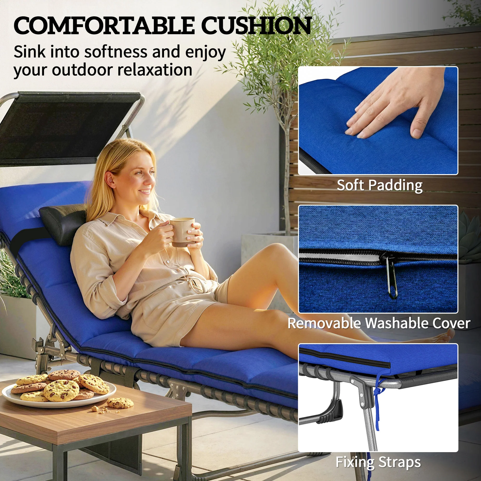 Outsunny Folding Sun Loungers Set Of 2, Sun Bed With Canopy, Dark Blue - Image 6