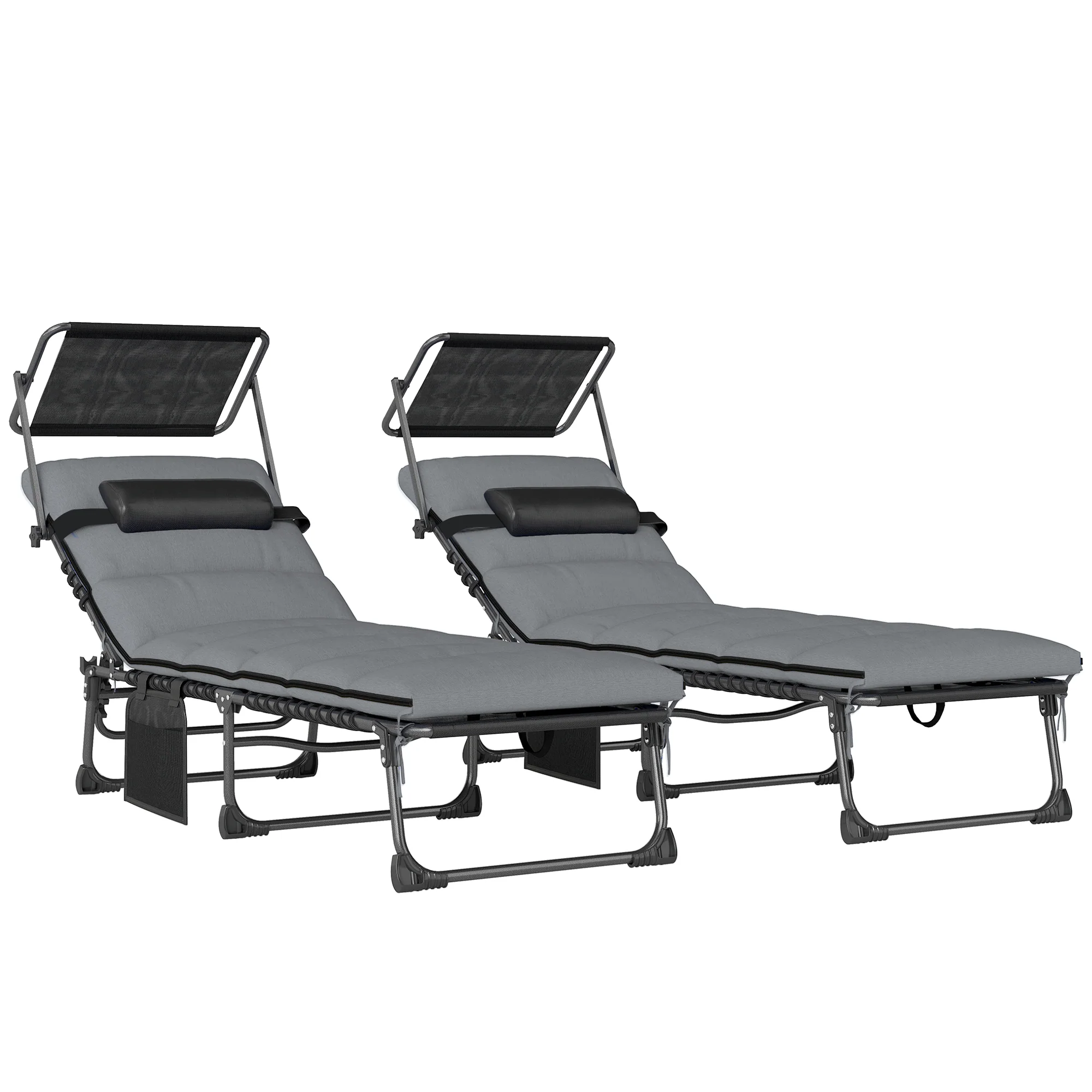 Outsunny Folding Sun Loungers Set Of 2, Sun Bed With Canopy, Light Grey