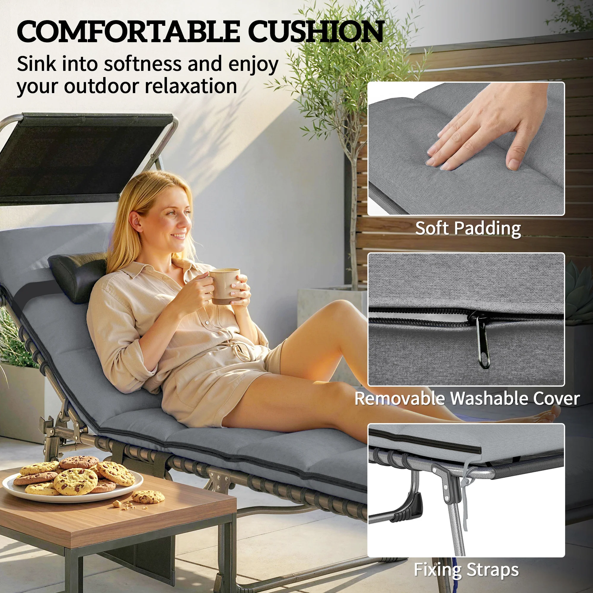 Outsunny Folding Sun Loungers Set Of 2, Sun Bed With Canopy, Light Grey - Image 6