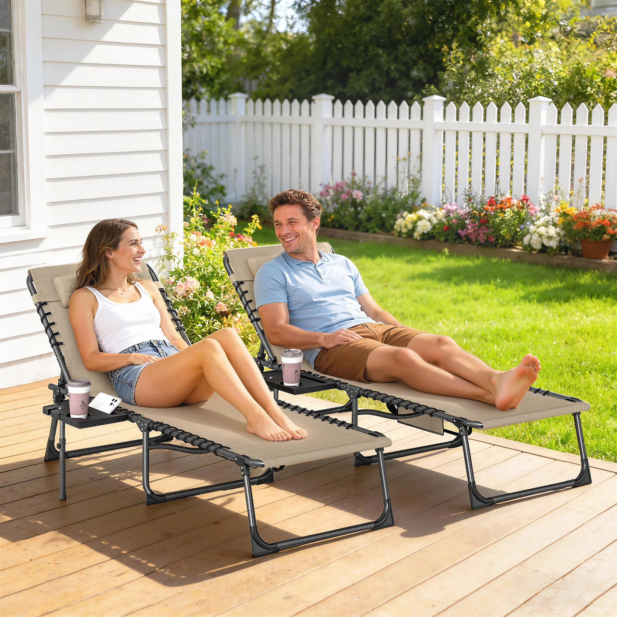 Outsunny Folding Sun Loungers With 5-Level Back, Cup Holder, Beige - Image 2