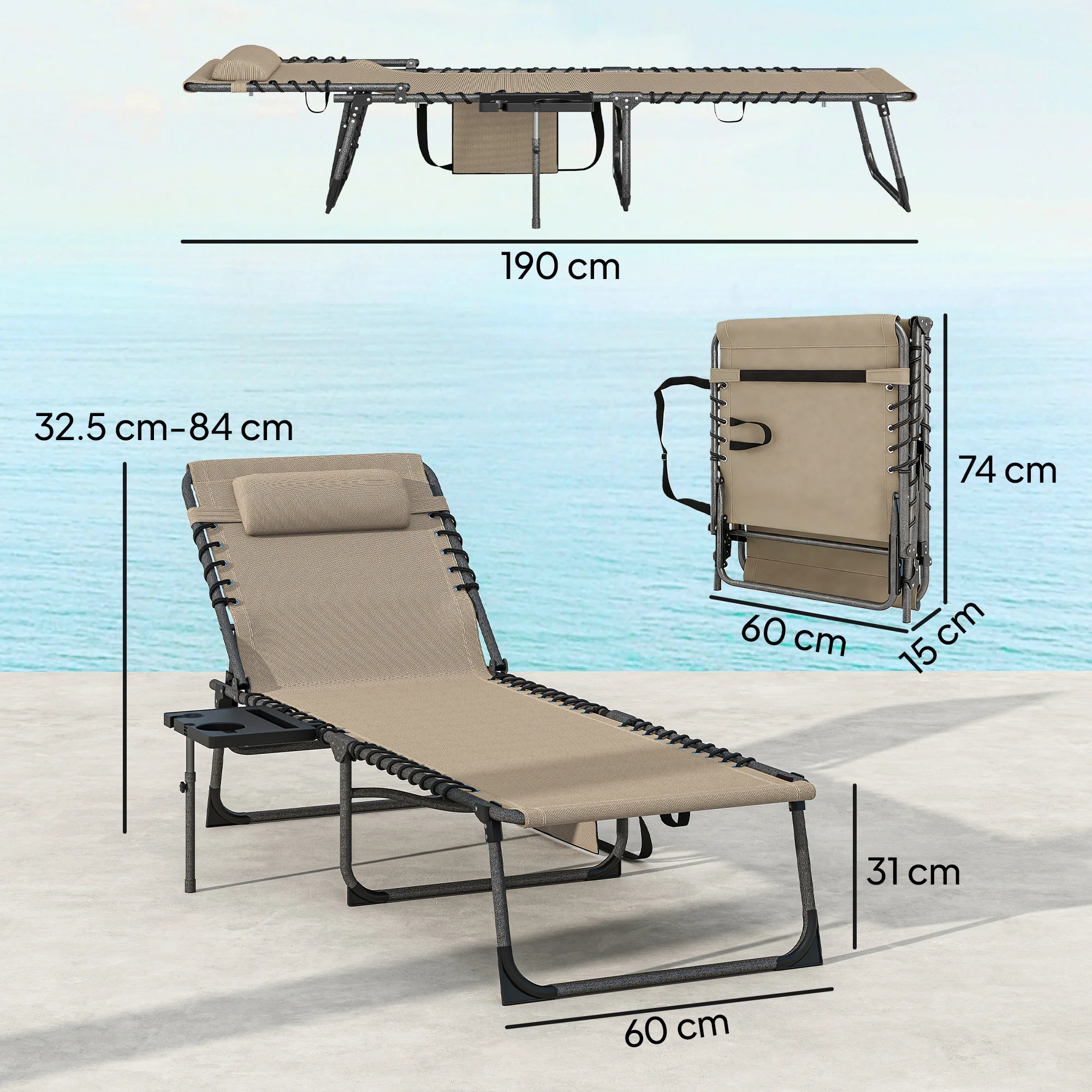 Outsunny Folding Sun Loungers With 5-Level Back, Cup Holder, Beige - Image 3