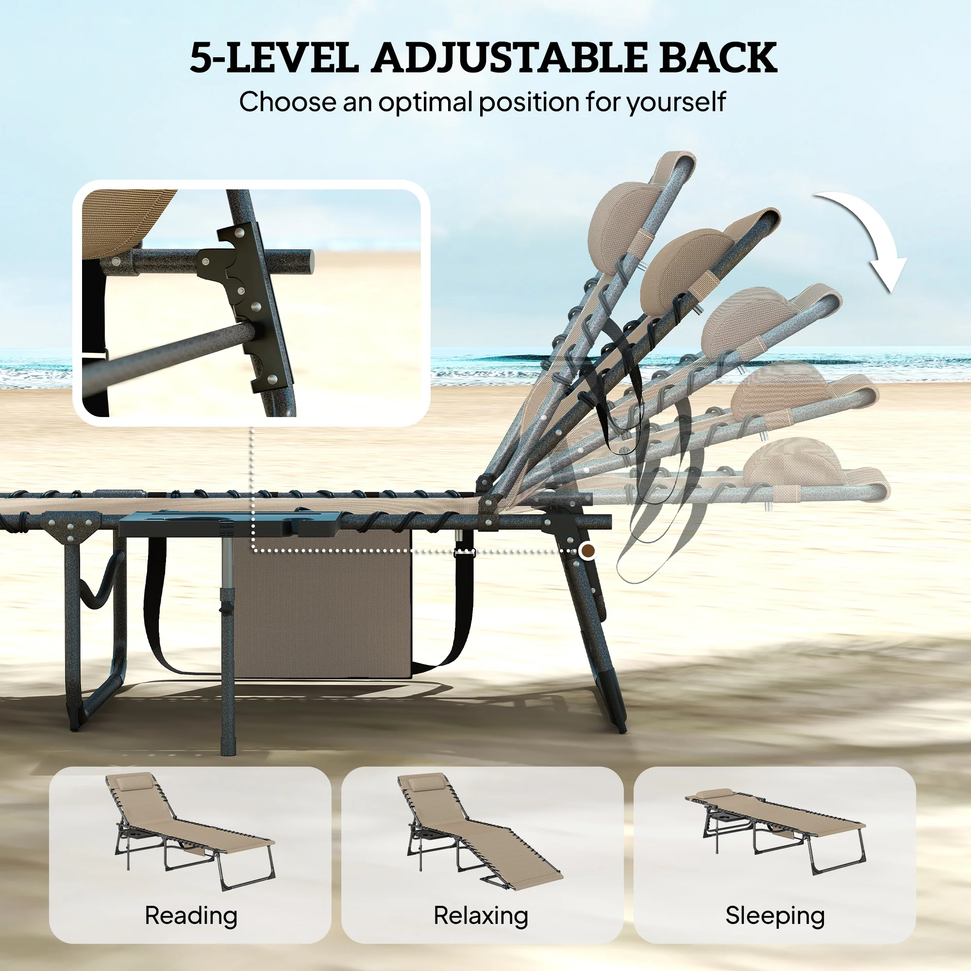 Outsunny Folding Sun Loungers With 5-Level Back, Cup Holder, Beige - Image 4