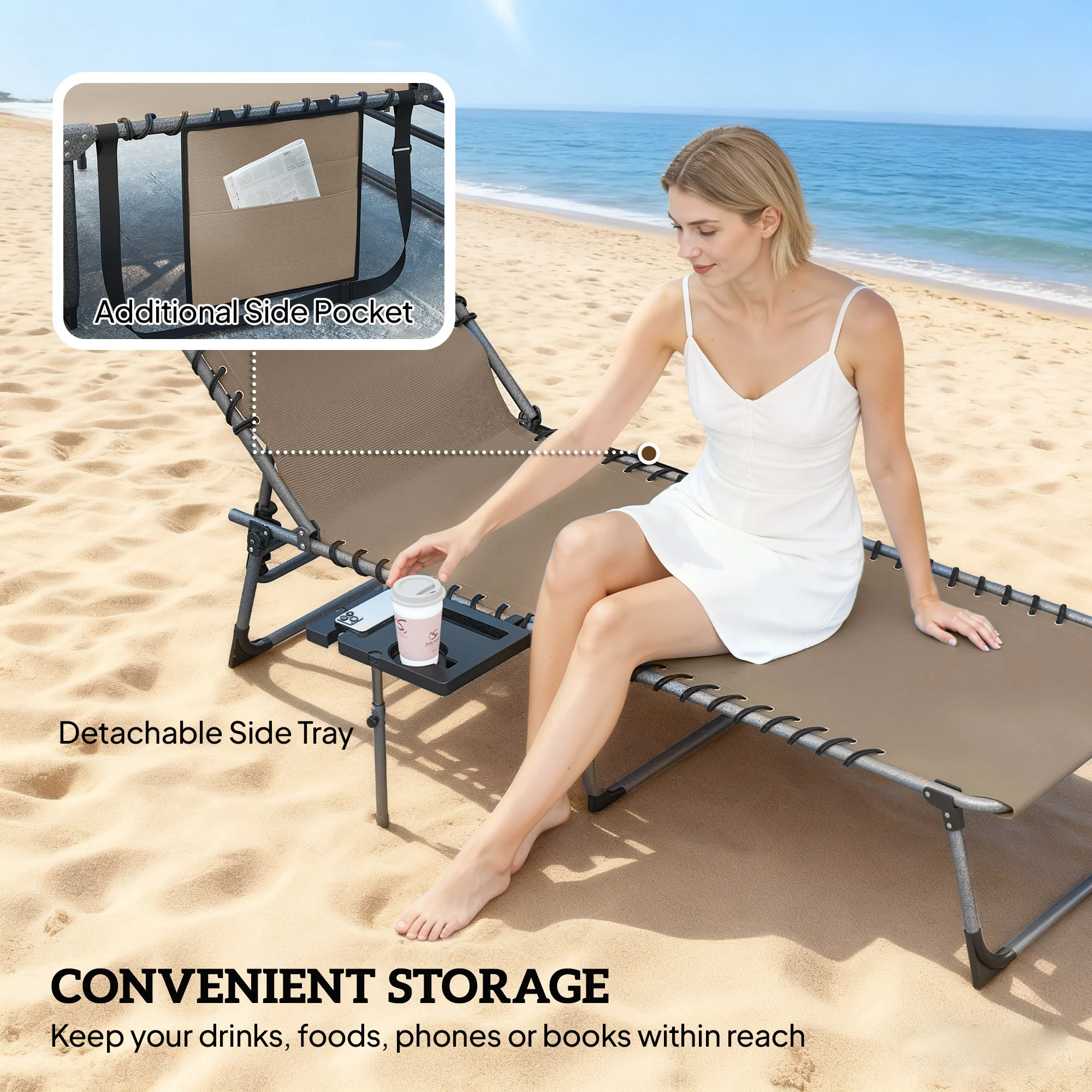 Outsunny Folding Sun Loungers With 5-Level Back, Cup Holder, Beige - Image 6