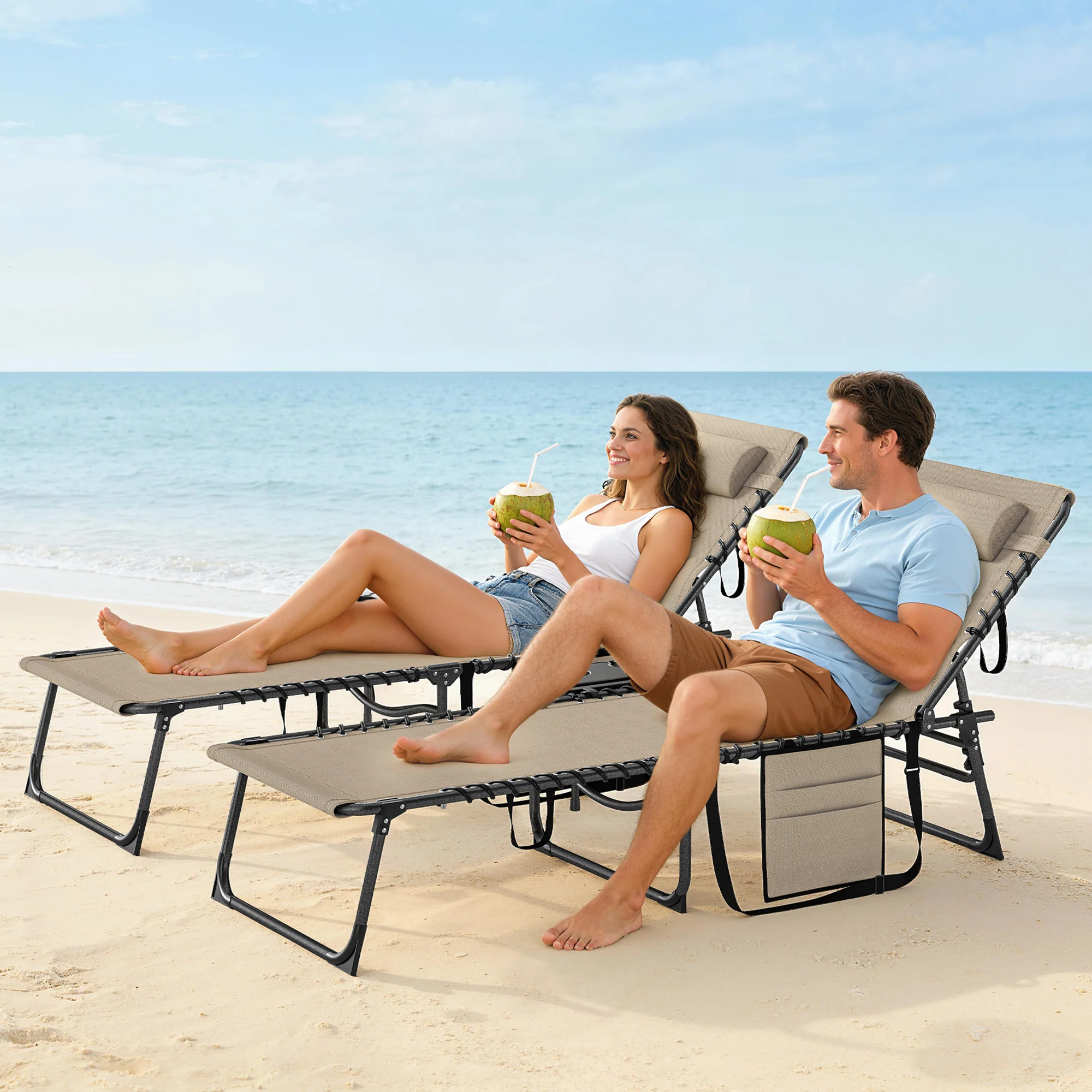Outsunny Folding Sun Loungers With 5-Level Back, Cup Holder, Beige - Image 8