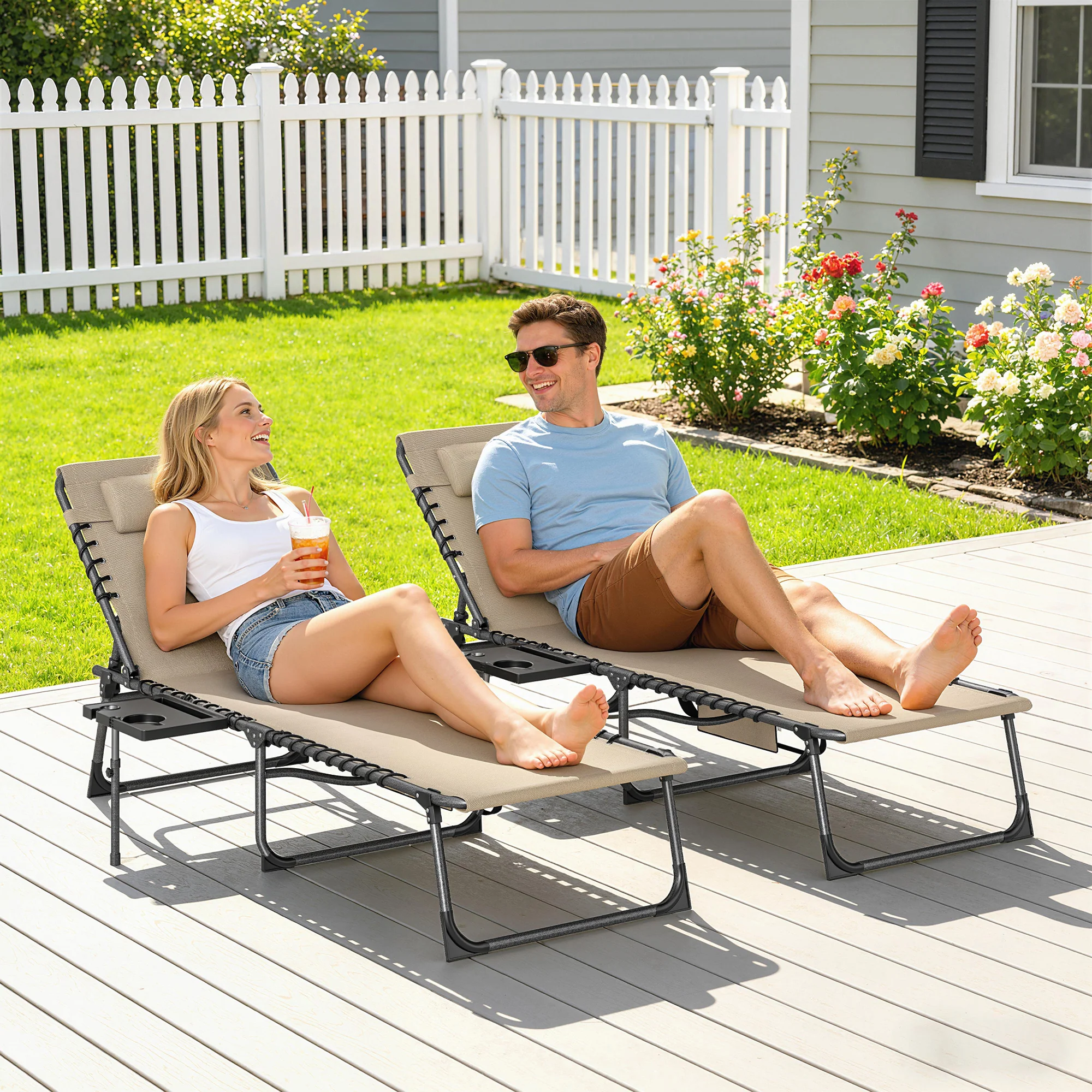 Outsunny Folding Sun Loungers With 5-Level Back, Cup Holder, Beige - Image 9