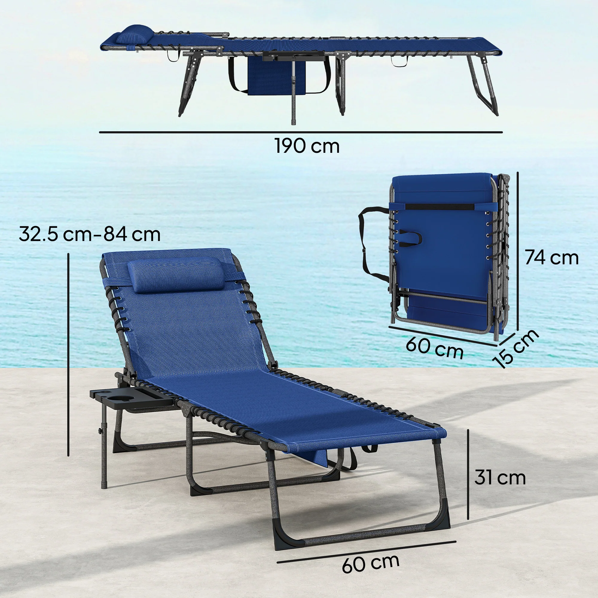 Outsunny Folding Sun Loungers With 5-Level Back, Cup Holder, Dark Blue - Image 3