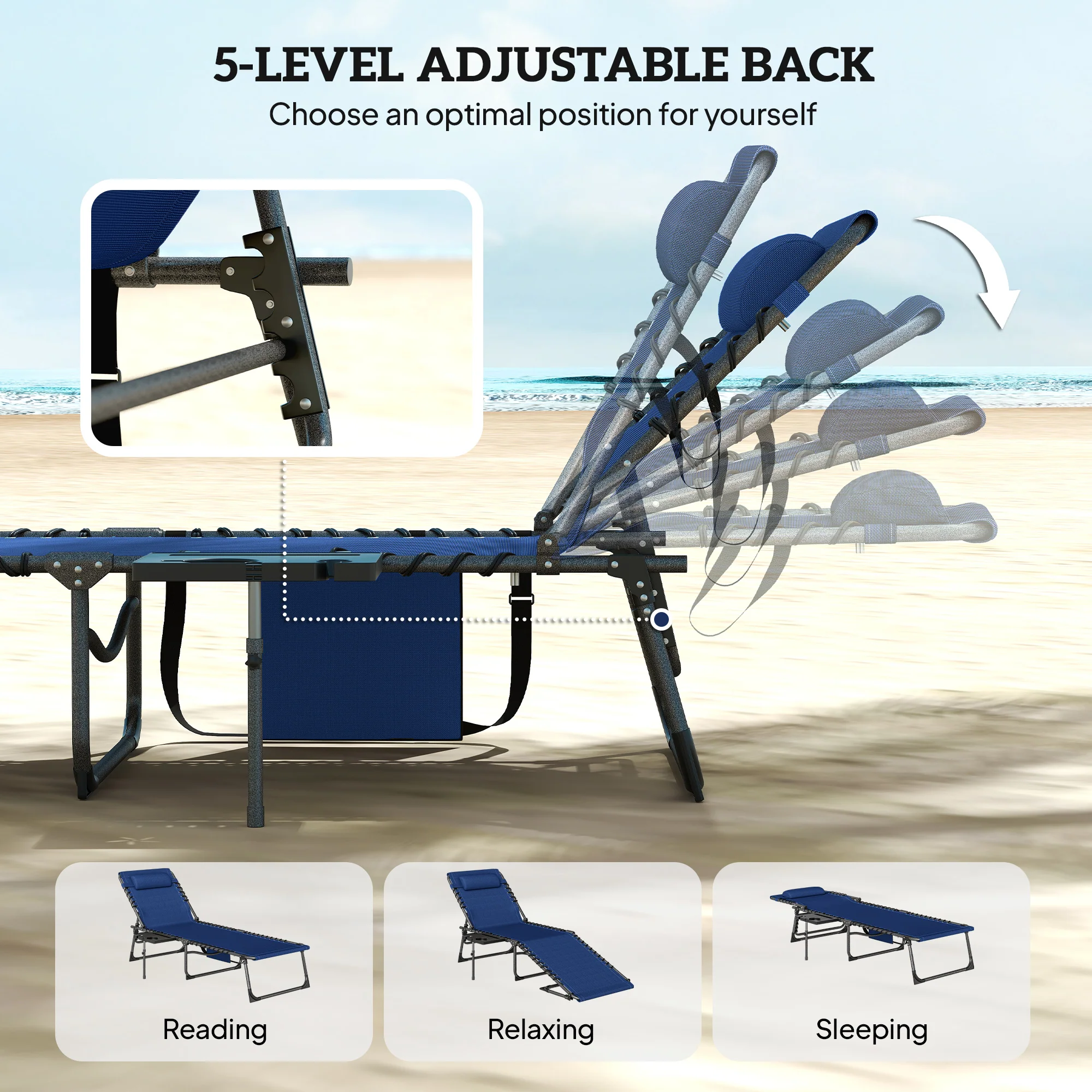 Outsunny Folding Sun Loungers With 5-Level Back, Cup Holder, Dark Blue - Image 4