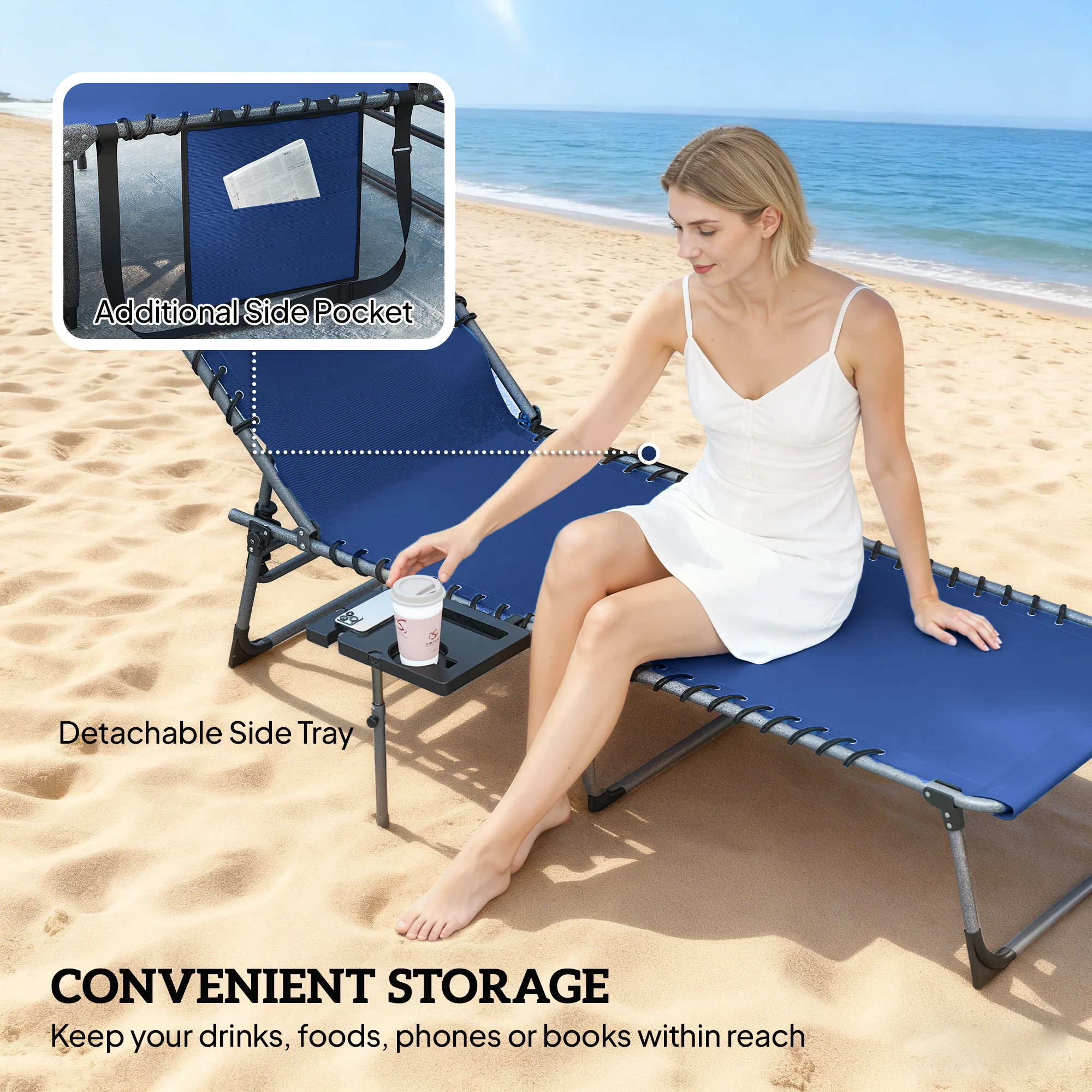 Outsunny Folding Sun Loungers With 5-Level Back, Cup Holder, Dark Blue - Image 6