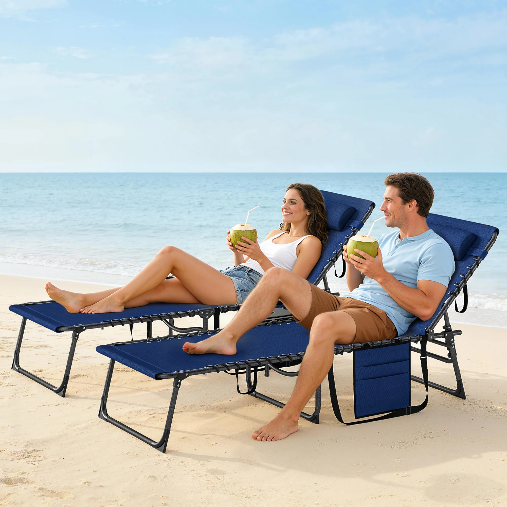 Outsunny Folding Sun Loungers With 5-Level Back, Cup Holder, Dark Blue - Image 8