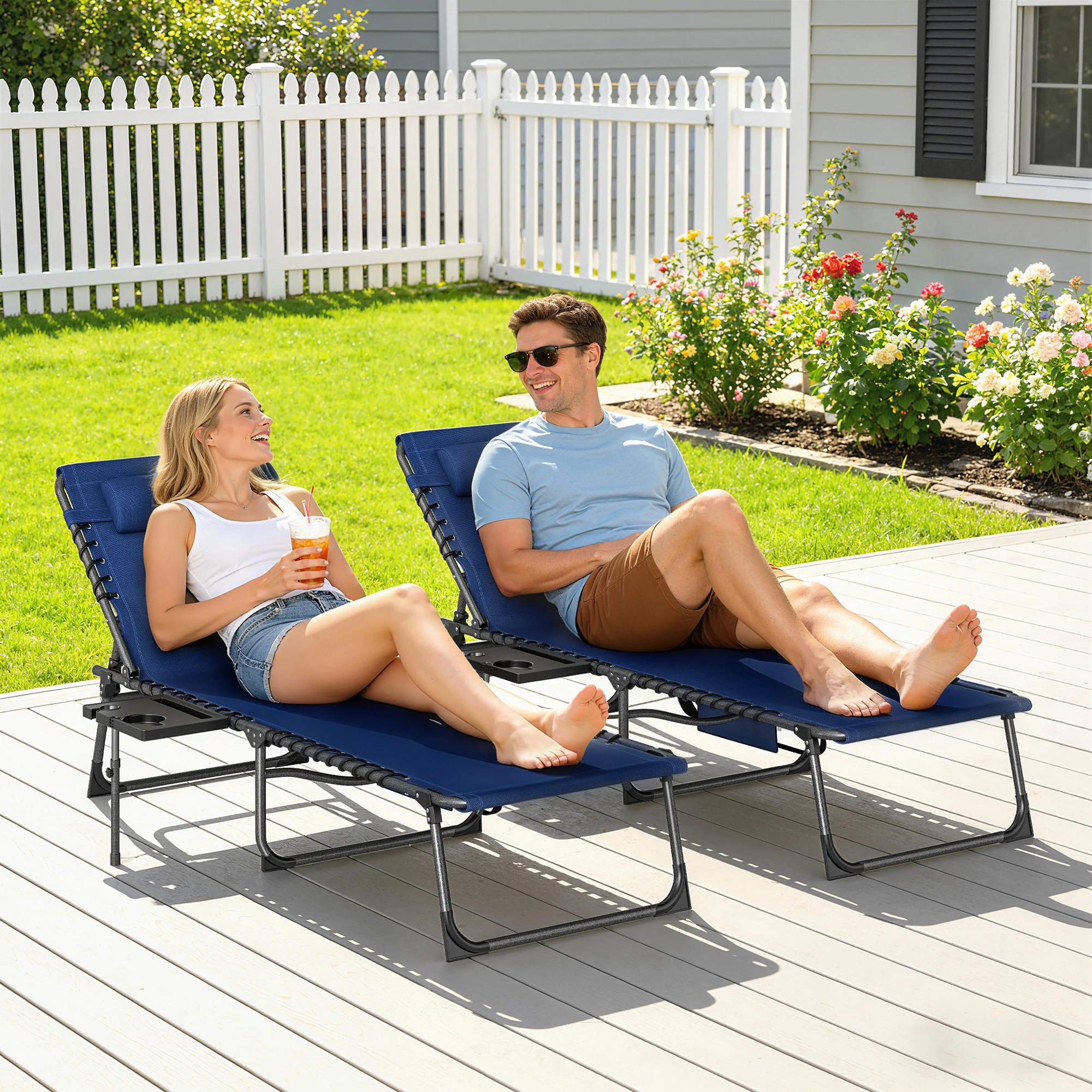 Outsunny Folding Sun Loungers With 5-Level Back, Cup Holder, Dark Blue - Image 9