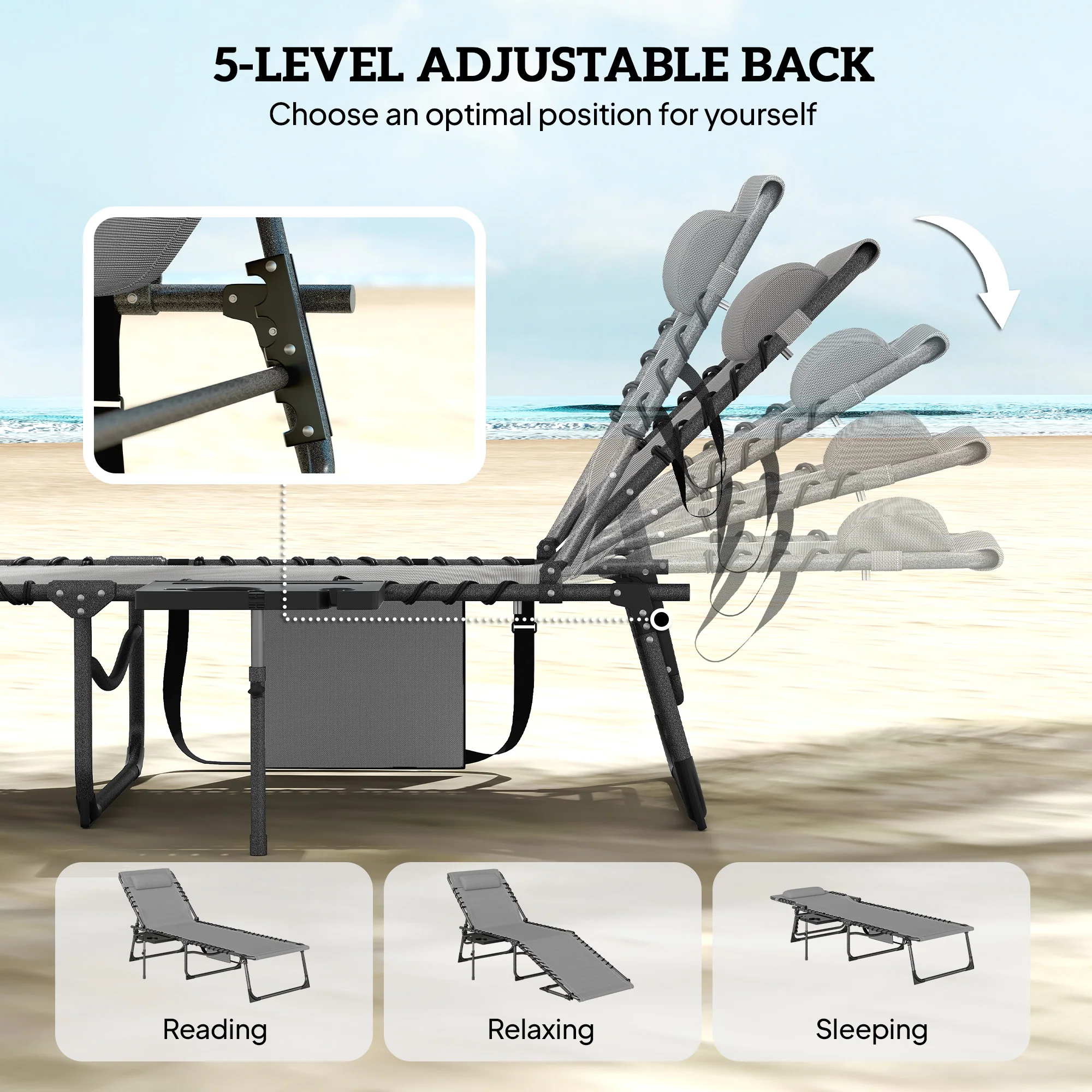 Outsunny Folding Sun Loungers With 5-Level Back, Cup Holder, Grey - Image 4