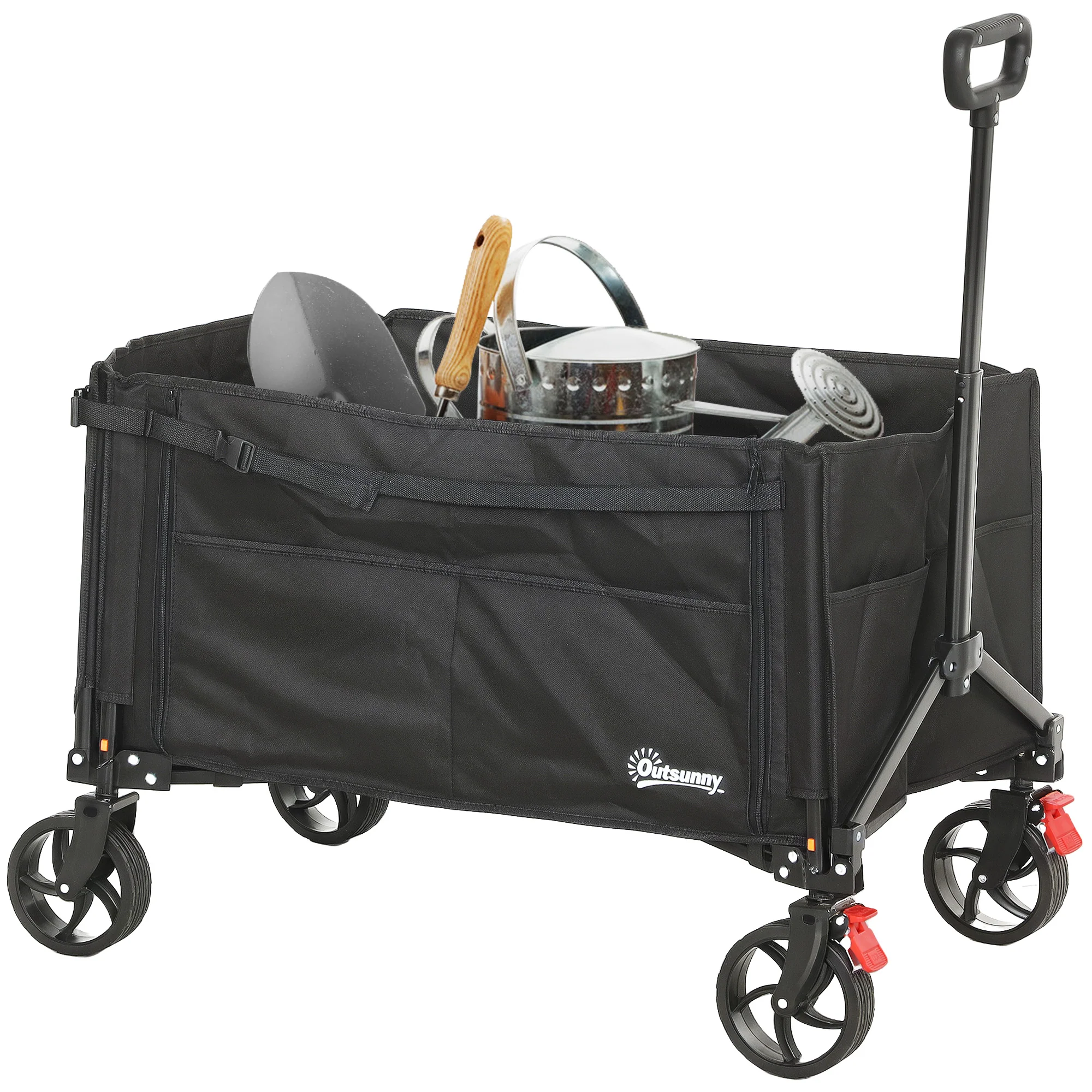 Outsunny Folding Trolley On Wheels, Garden Cart With Openable Sides