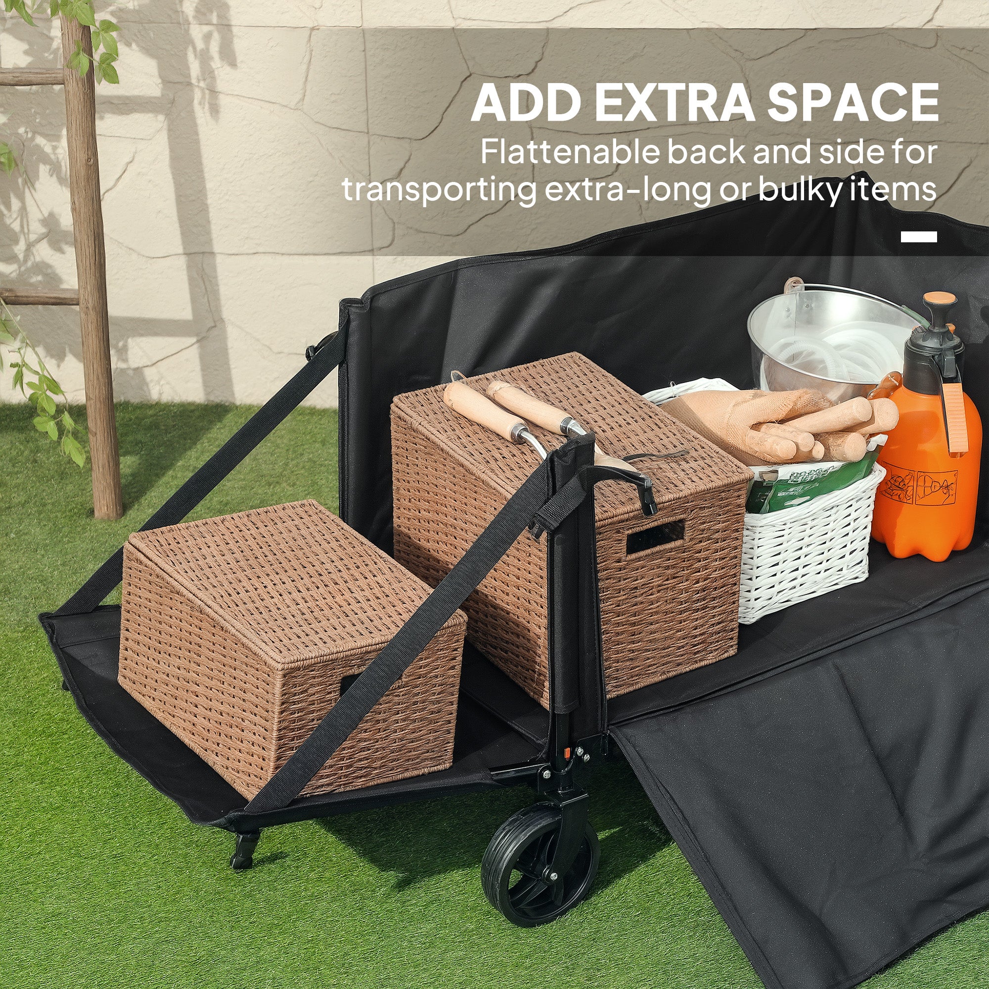 Outsunny Folding Trolley On Wheels, Garden Cart With Openable Sides - Image 3