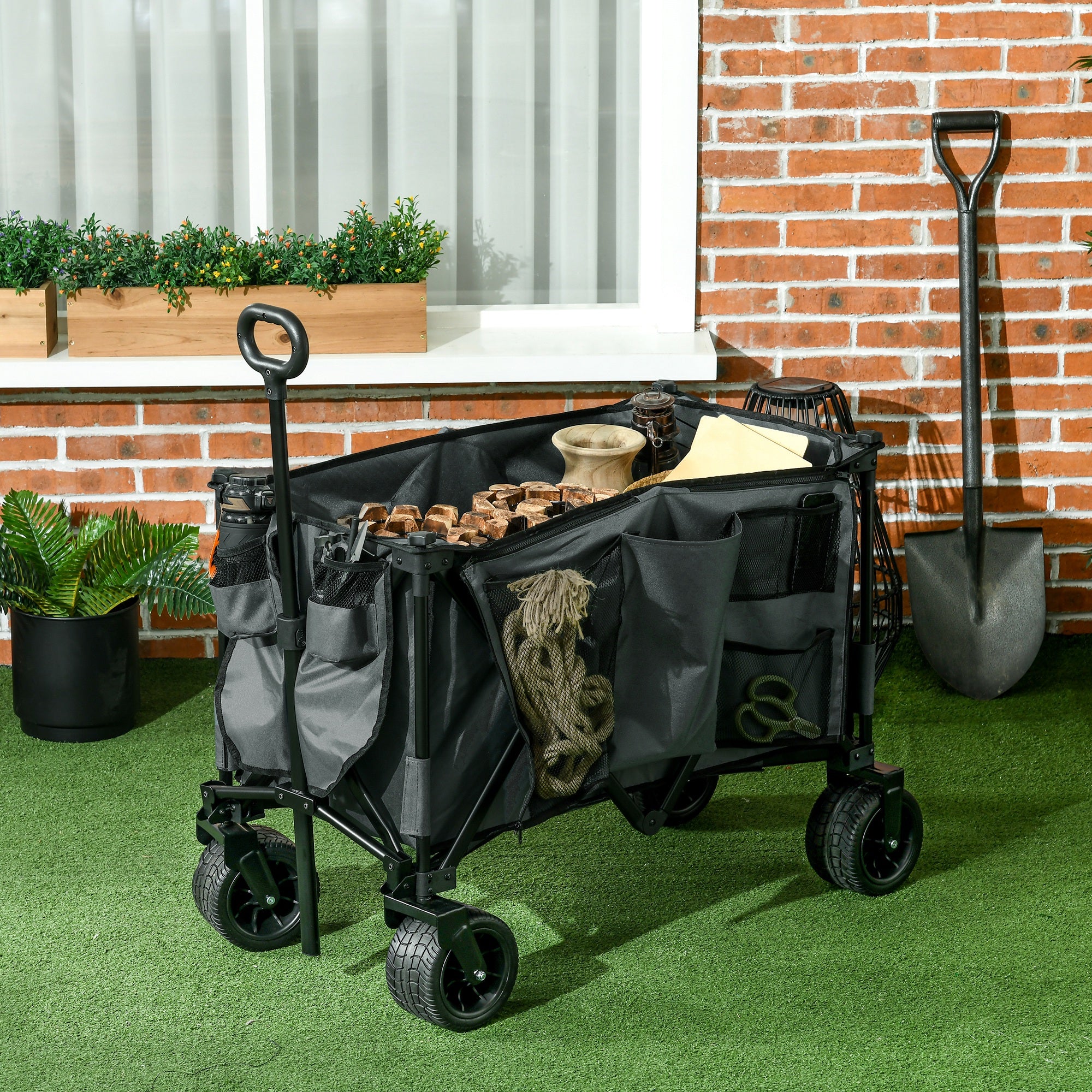 Outsunny Folding Wagon Garten Cart Collapsible Camping Trolley on Wheels, Grey - Image 2