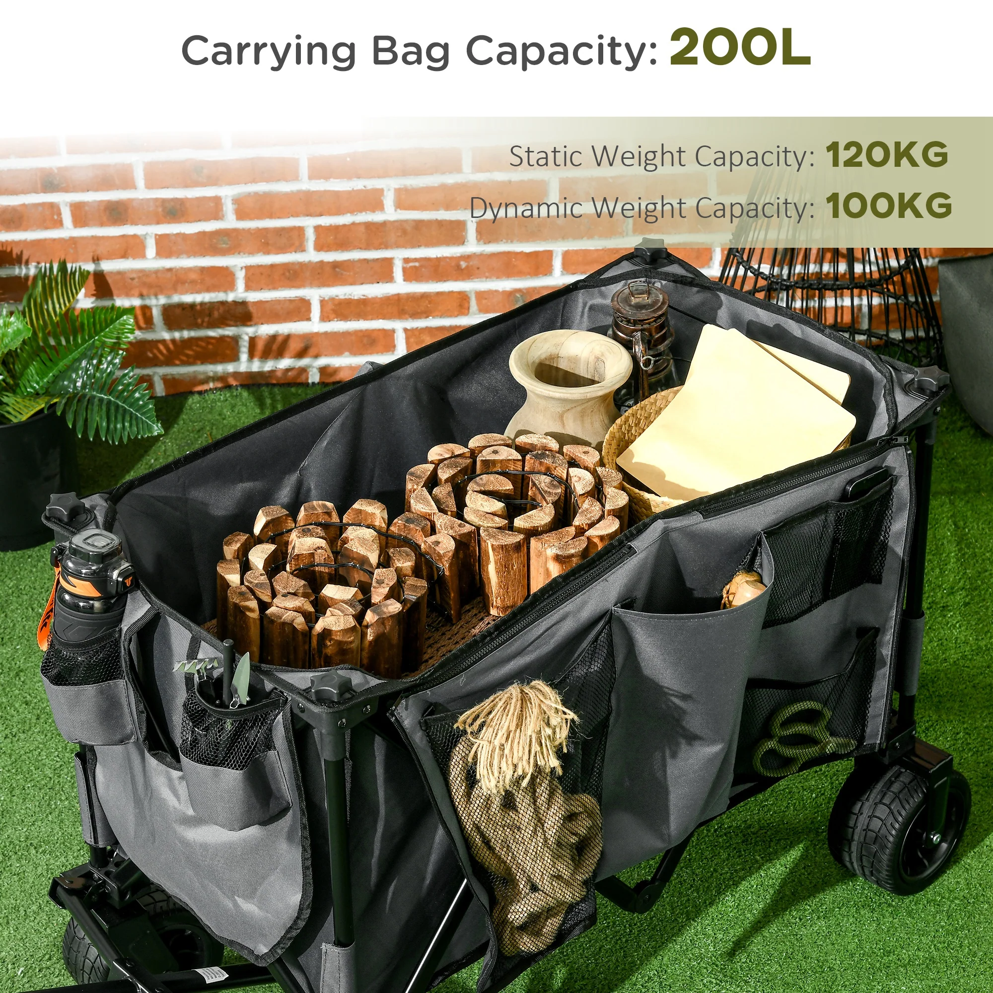 Outsunny Folding Wagon Garten Cart Collapsible Camping Trolley on Wheels, Grey - Image 7