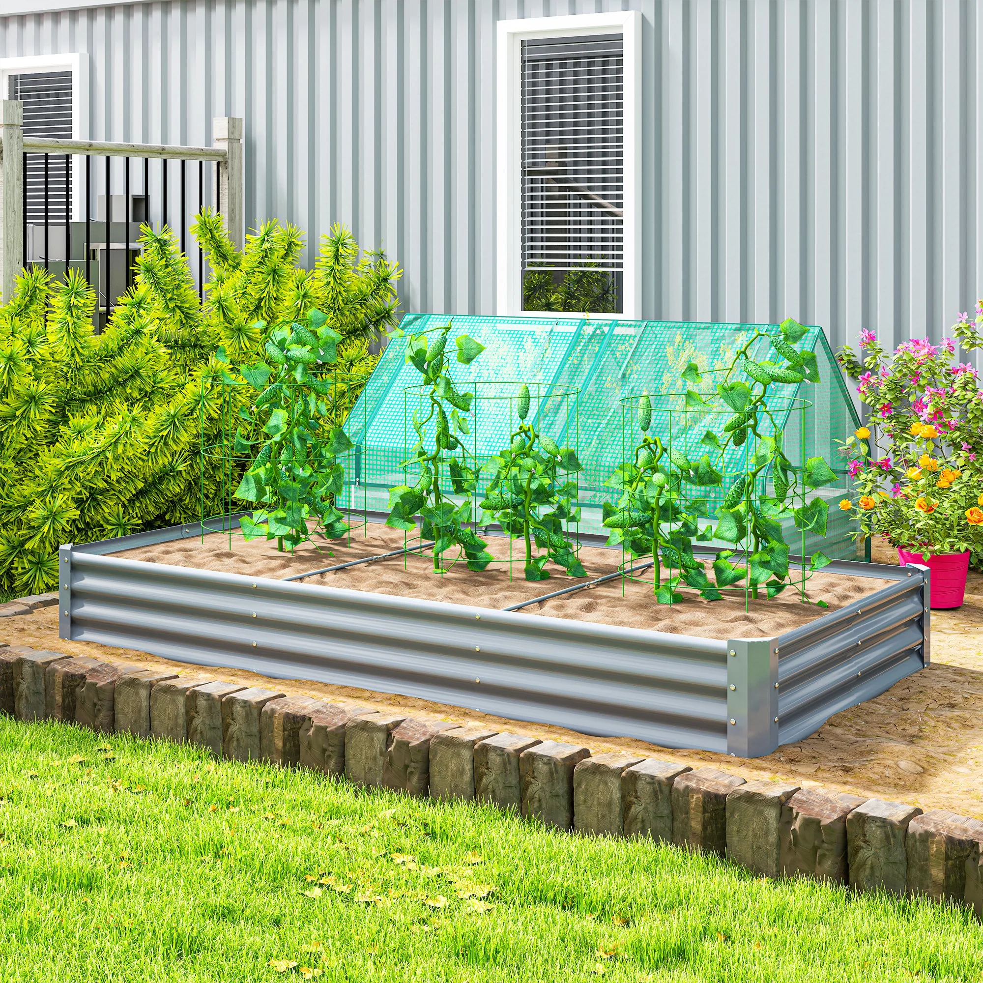 Outsunny Galvanised Raised Garden Bed, 240x120x30cm Raised Bed, Silver - Image 2