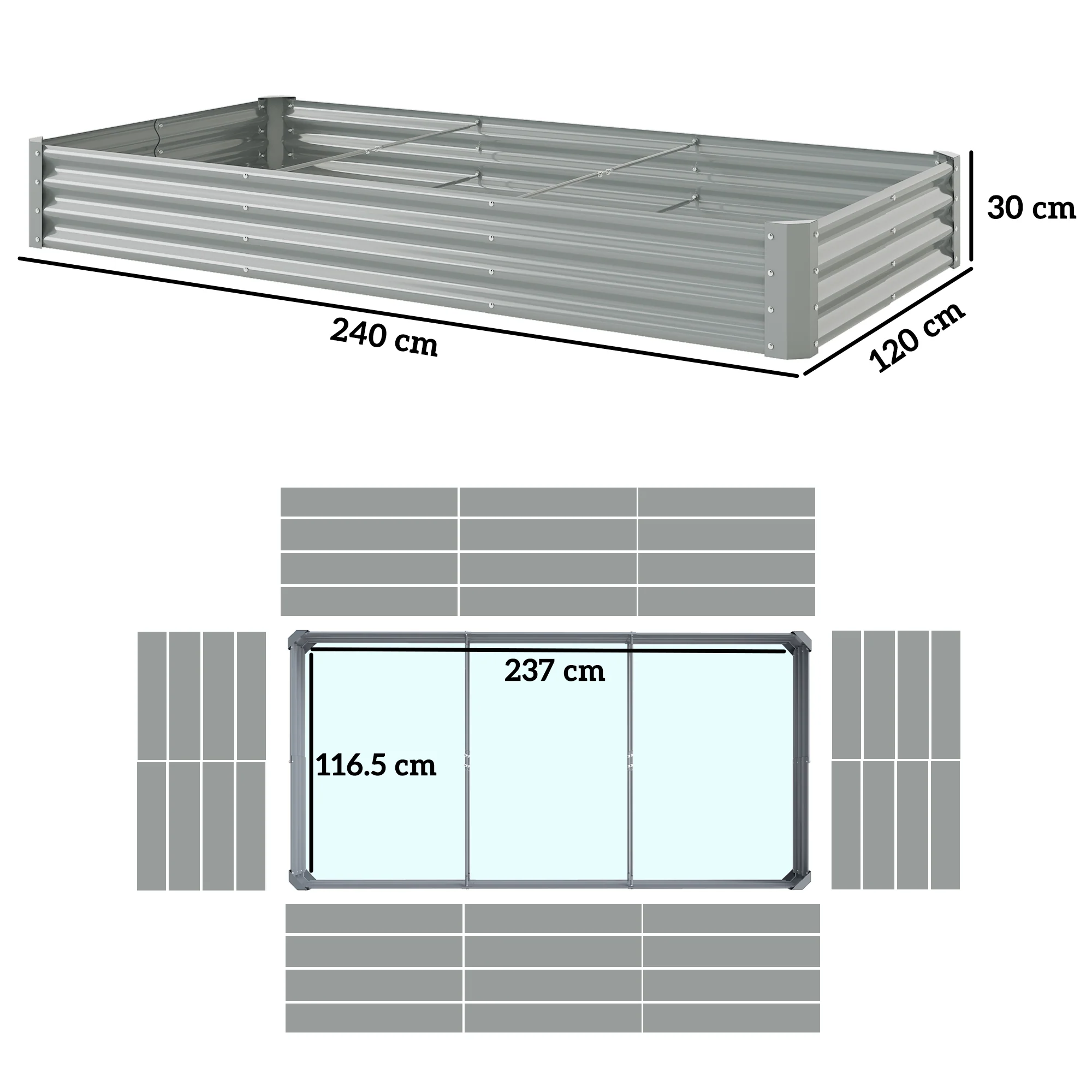 Outsunny Galvanised Raised Garden Bed, 240x120x30cm Raised Bed, Silver - Image 5