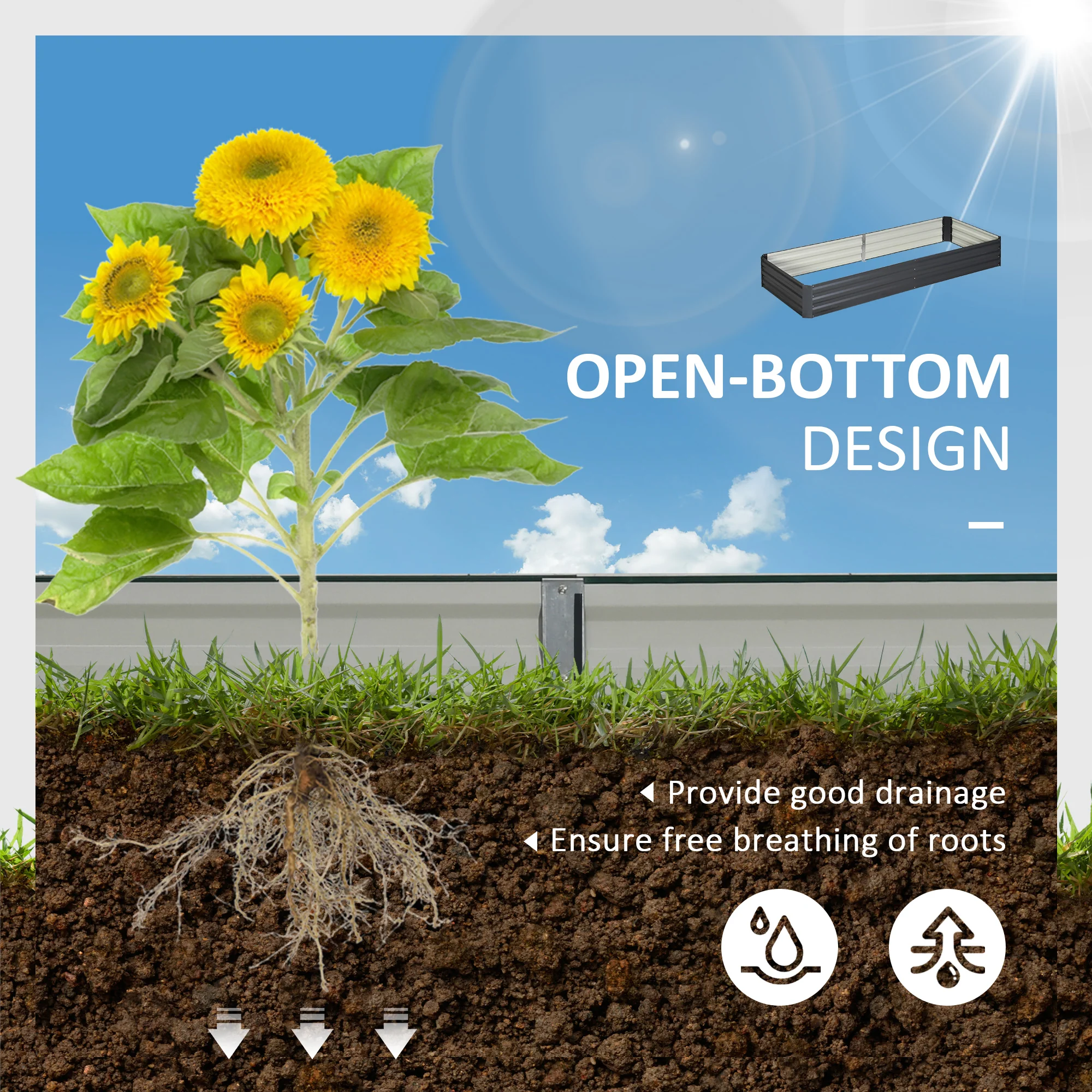 Outsunny Galvanised Raised Garden Bed Metal Planter Box with Open Bottom, Grey - Image 3