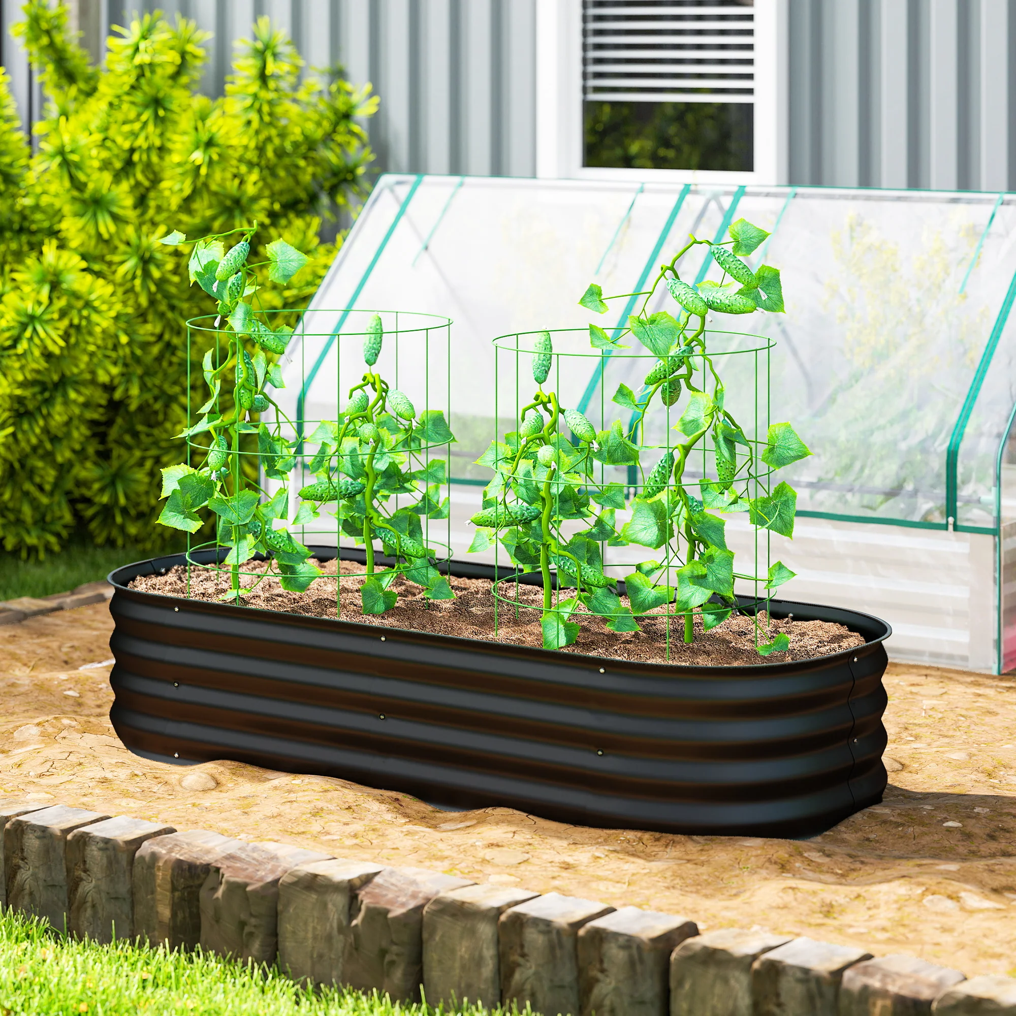 Outsunny Galvanised Raised Garden Bed Planter Box with Safety Edging, Black - Image 2