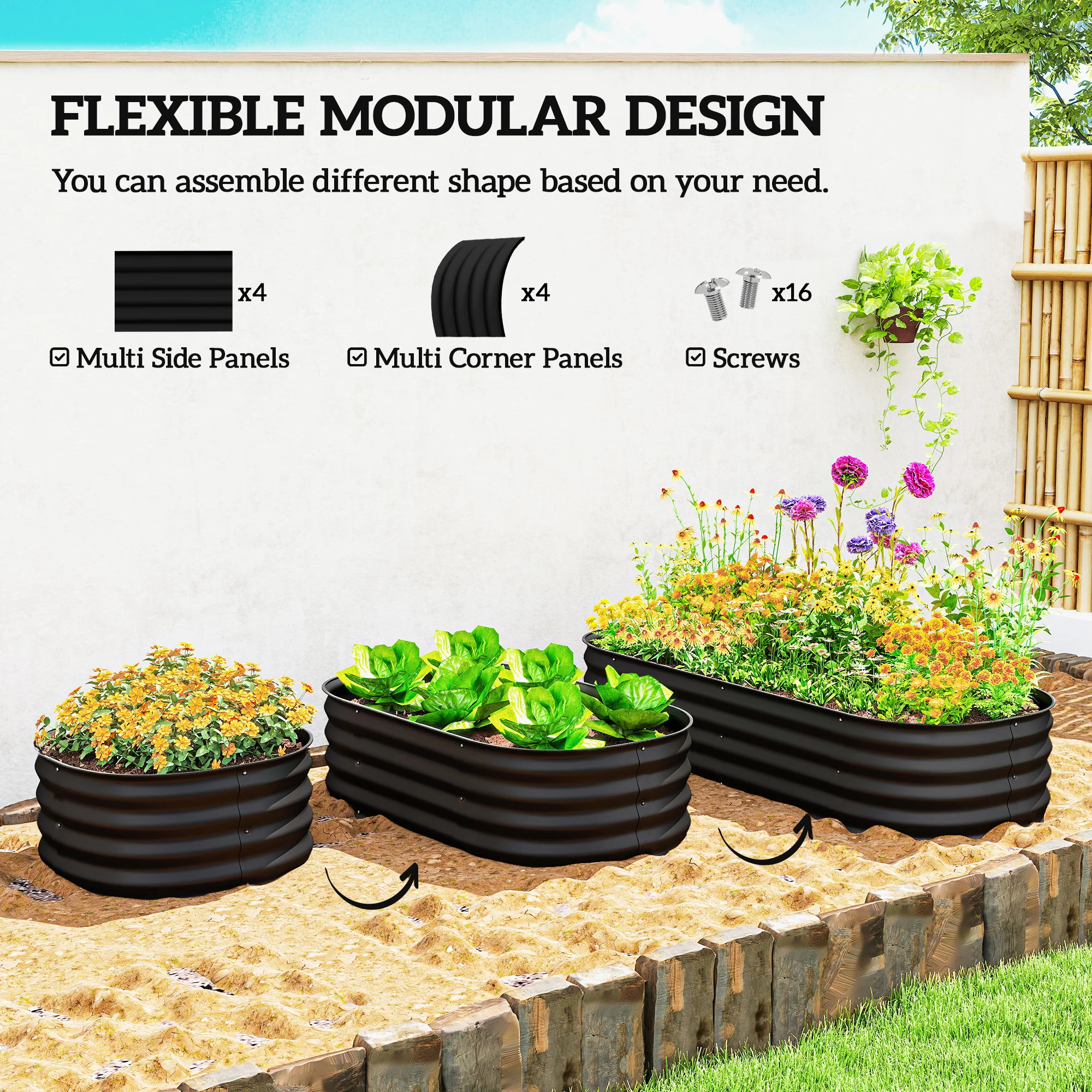 Outsunny Galvanised Raised Garden Bed Planter Box with Safety Edging, Black - Image 3