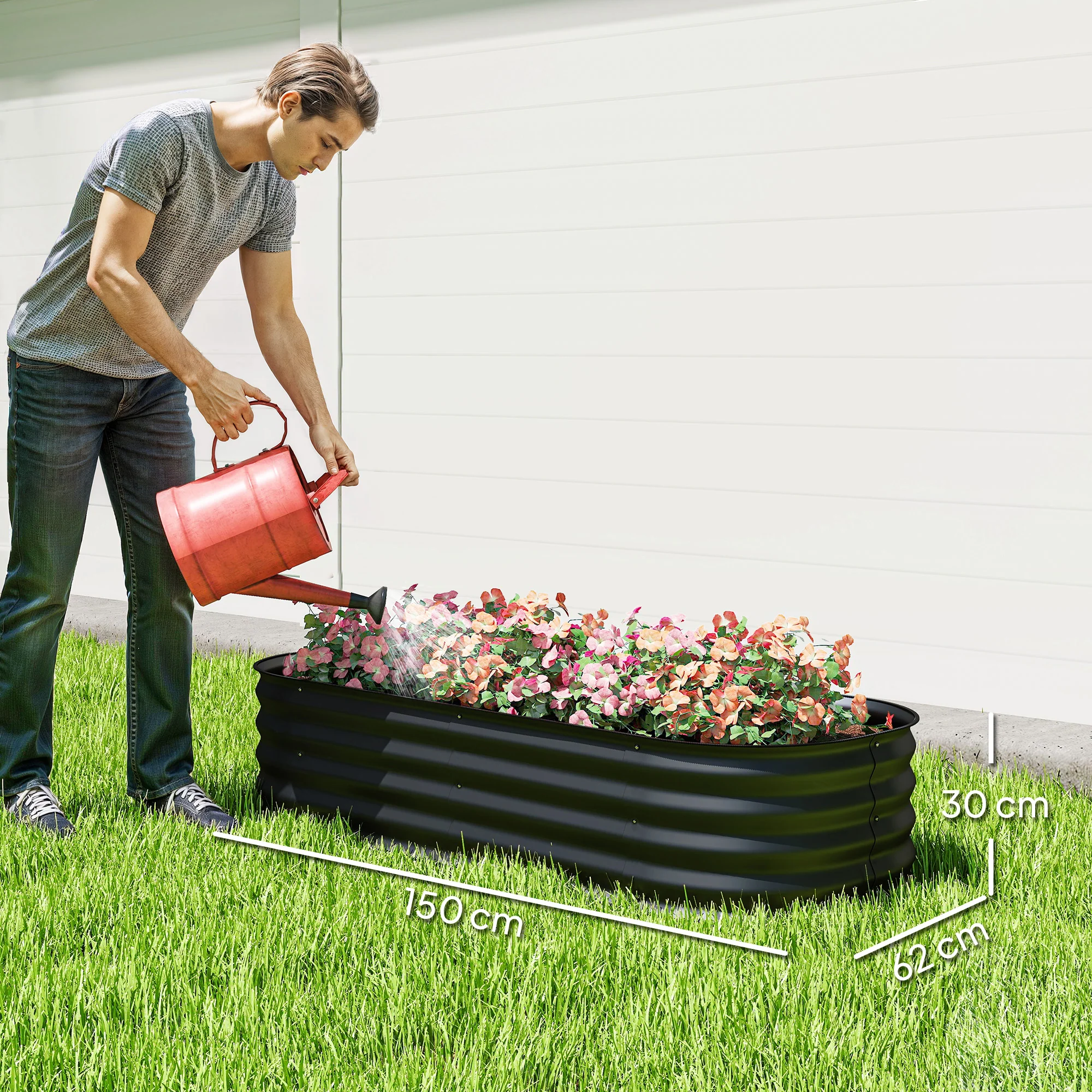 Outsunny Galvanised Raised Garden Bed Planter Box with Safety Edging, Black - Image 5