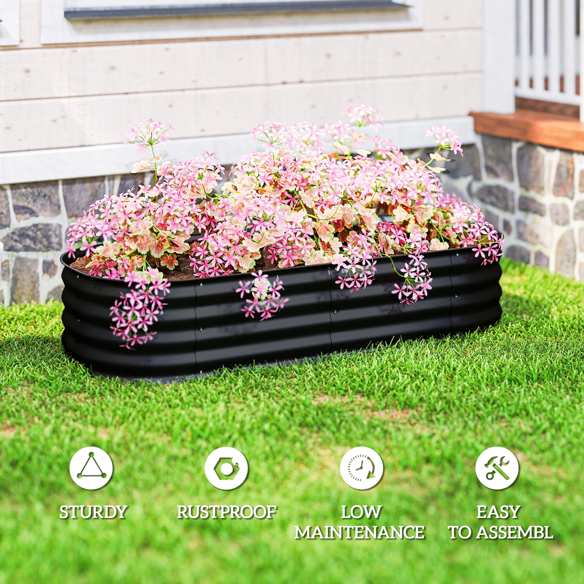Outsunny Galvanised Raised Garden Bed Planter Box with Safety Edging, Black - Image 7