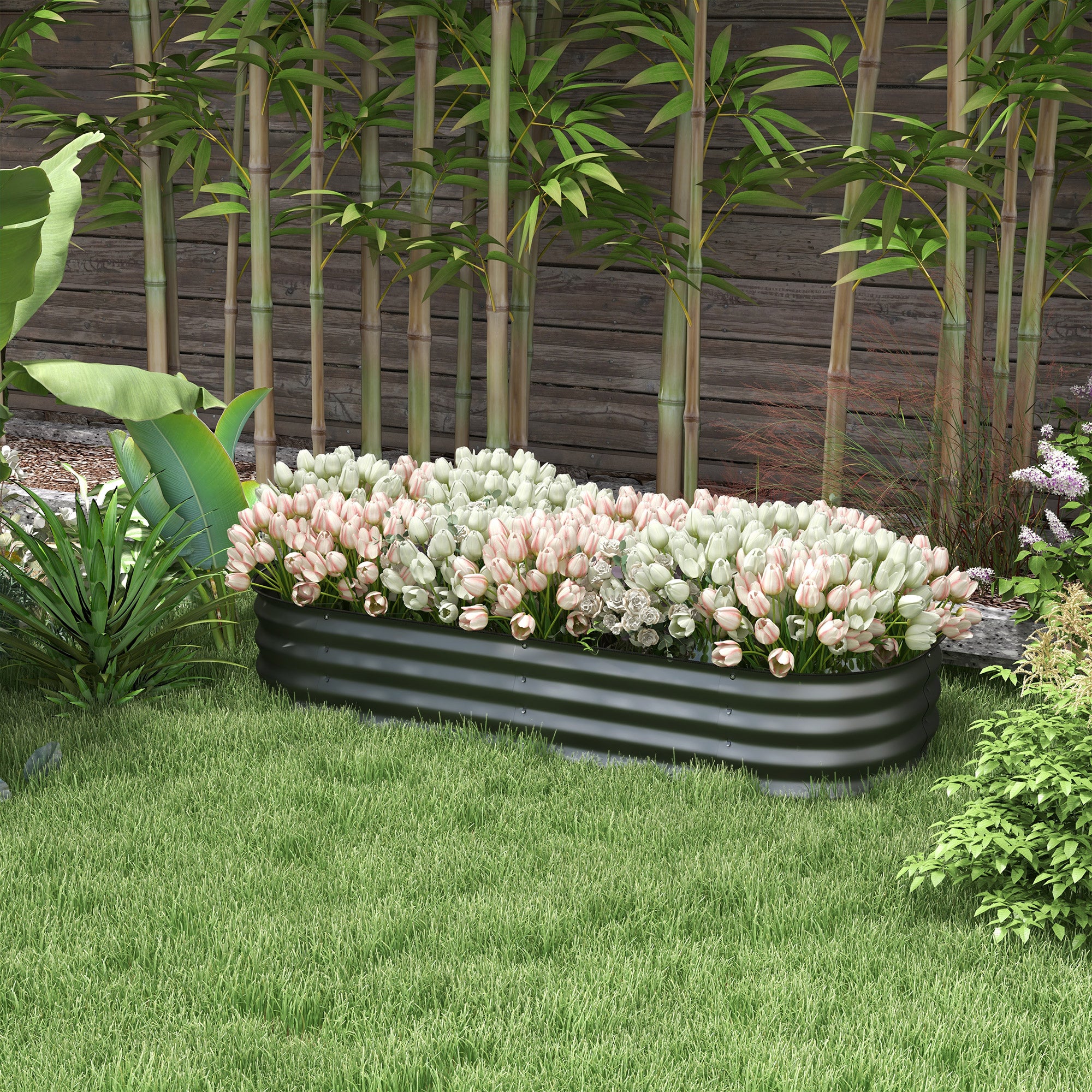 Outsunny Galvanised Raised Garden Bed Planter Box with Safety Edging, Dark Grey - Image 2