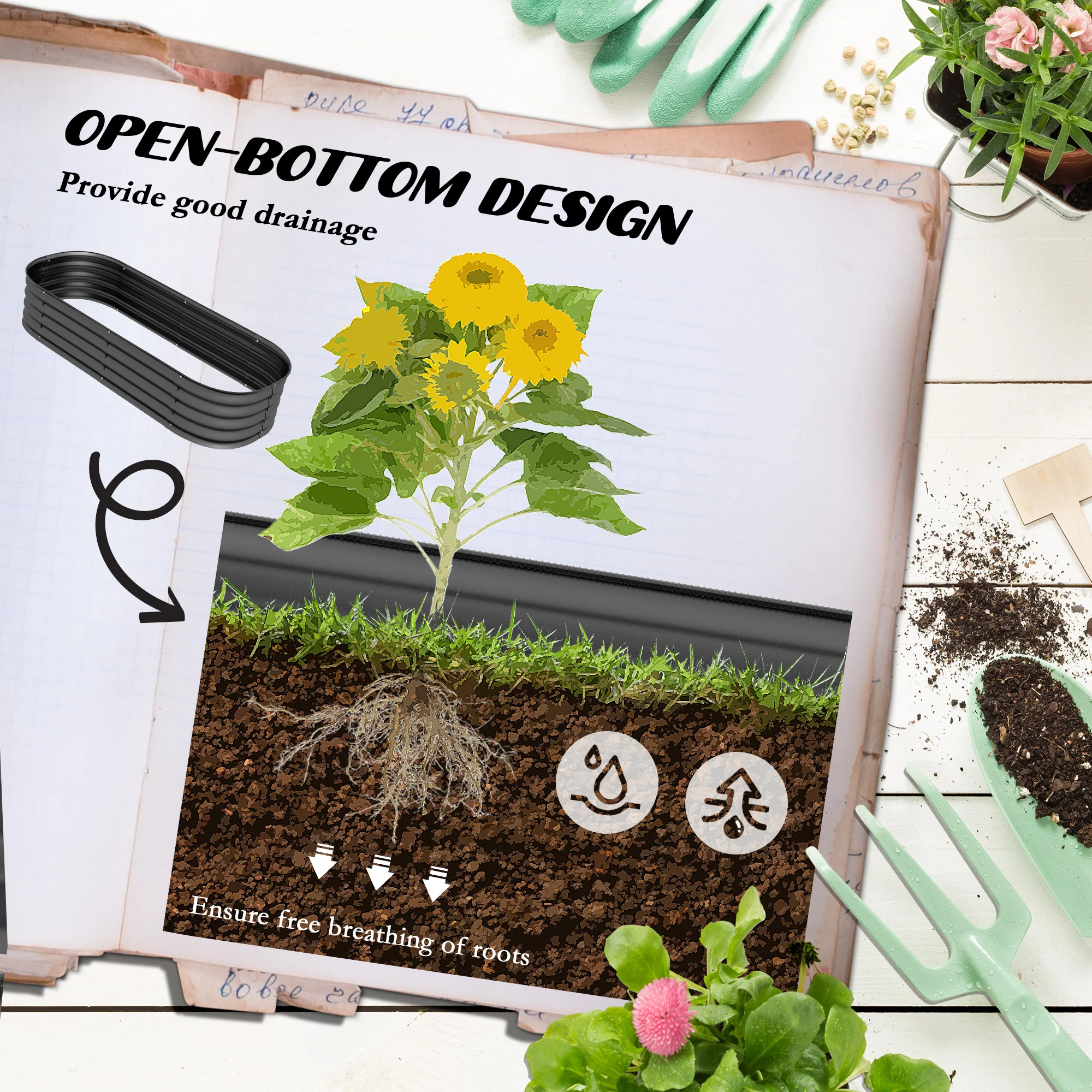 Outsunny Galvanised Raised Garden Bed Planter Box with Safety Edging, Dark Grey - Image 4