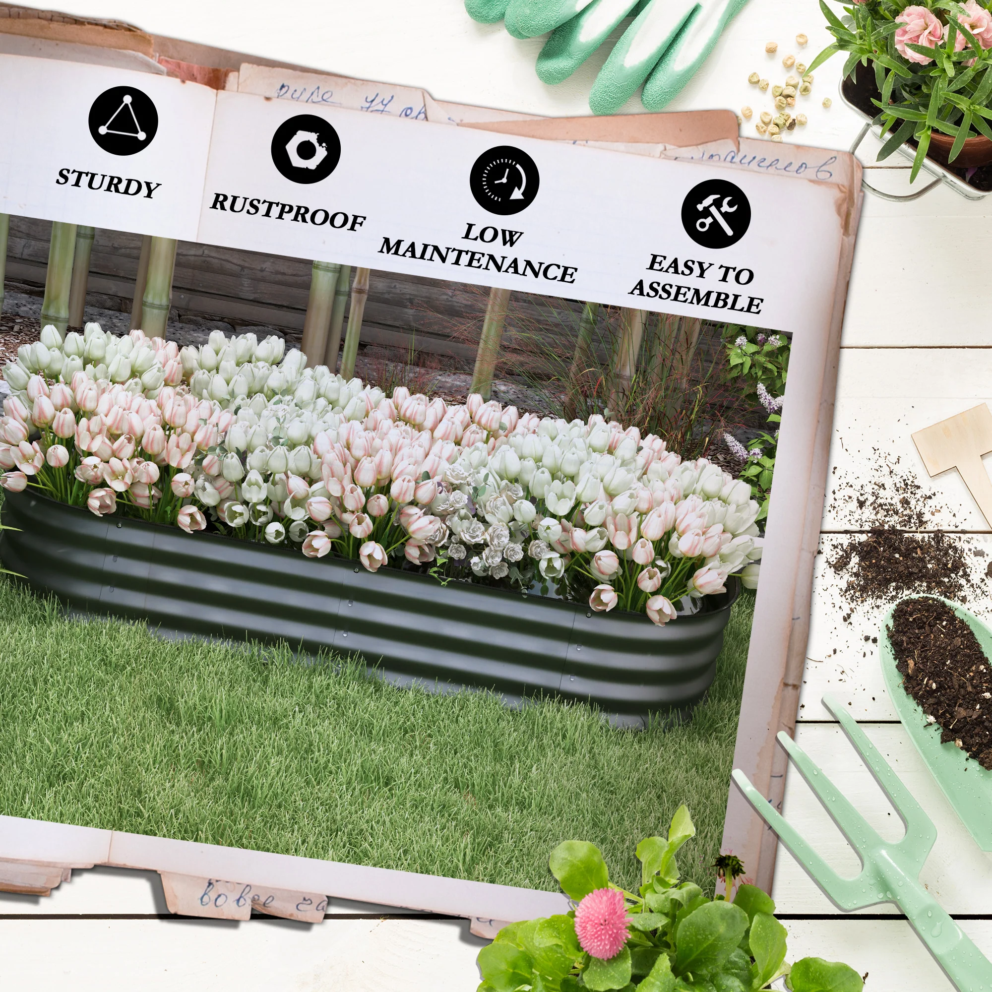 Outsunny Galvanised Raised Garden Bed Planter Box with Safety Edging, Dark Grey - Image 7