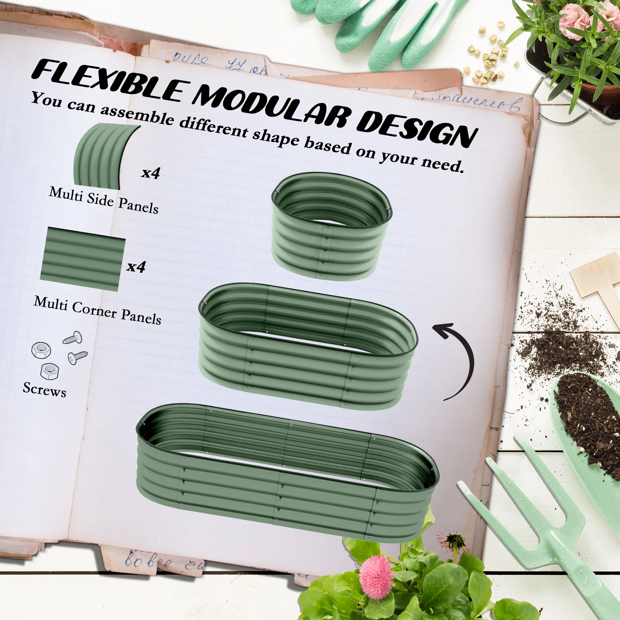 Outsunny Galvanised Raised Garden Bed Planter Box with Safety Edging, Green - Image 3