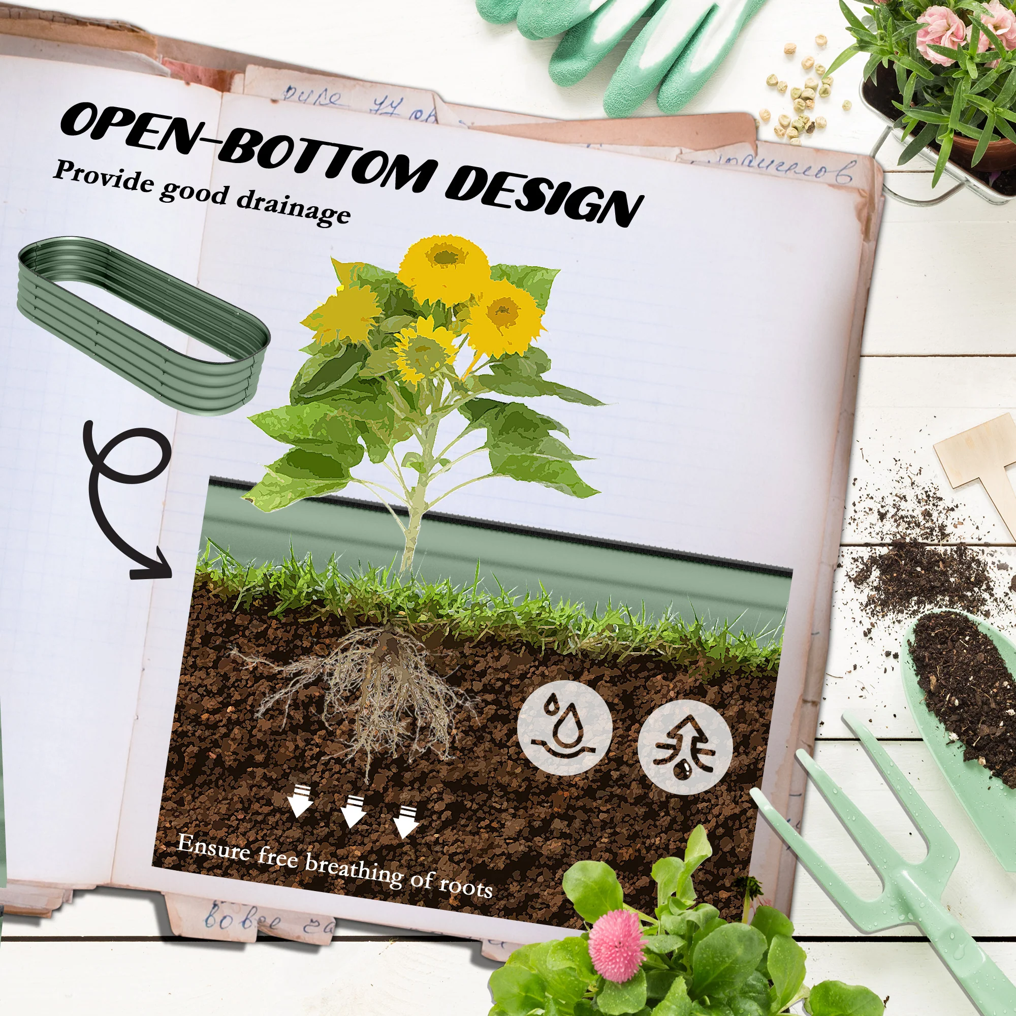 Outsunny Galvanised Raised Garden Bed Planter Box with Safety Edging, Green - Image 4